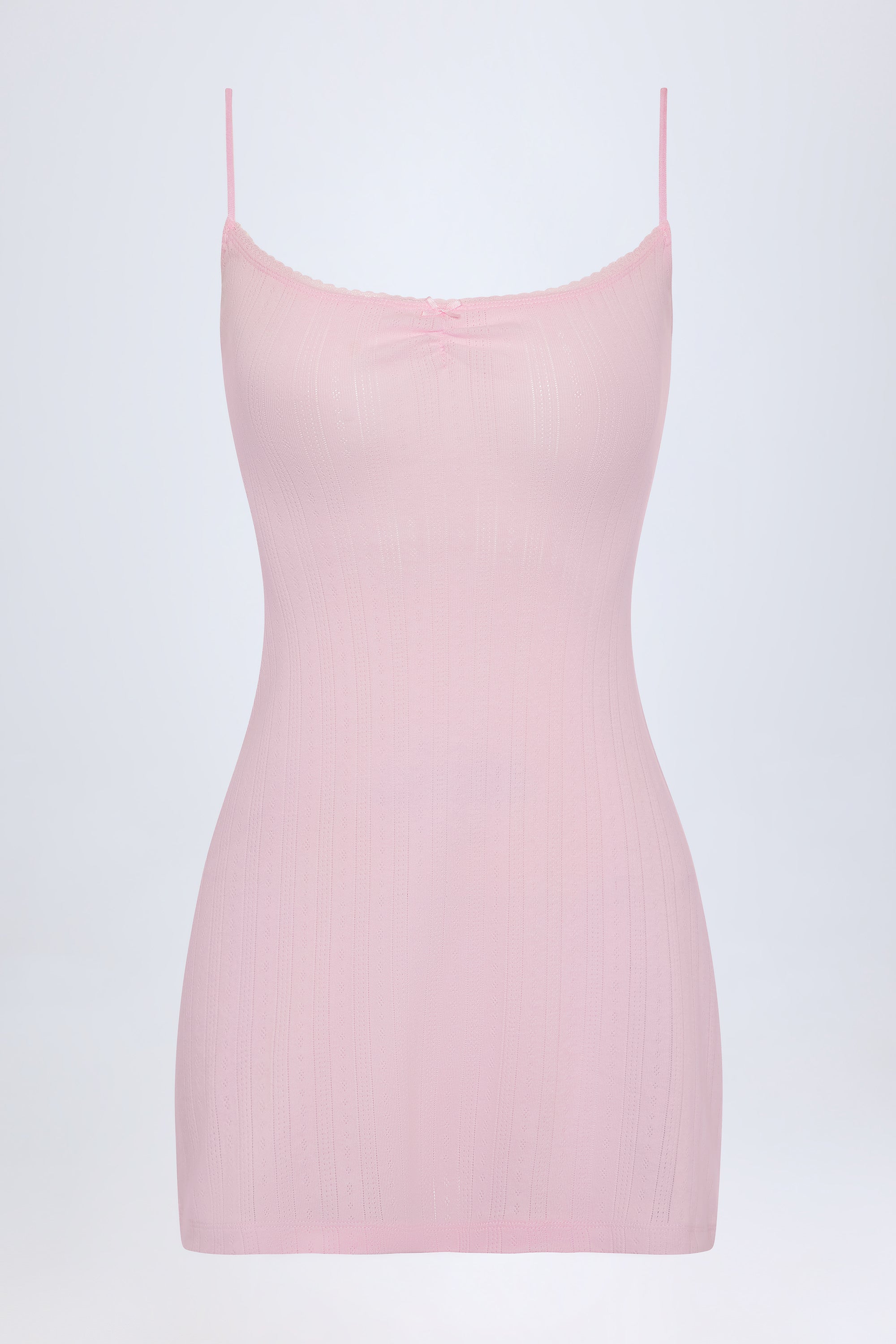 Alika Pointelle Ruched A-Line Mini Dress in Baby Pink - Image 3