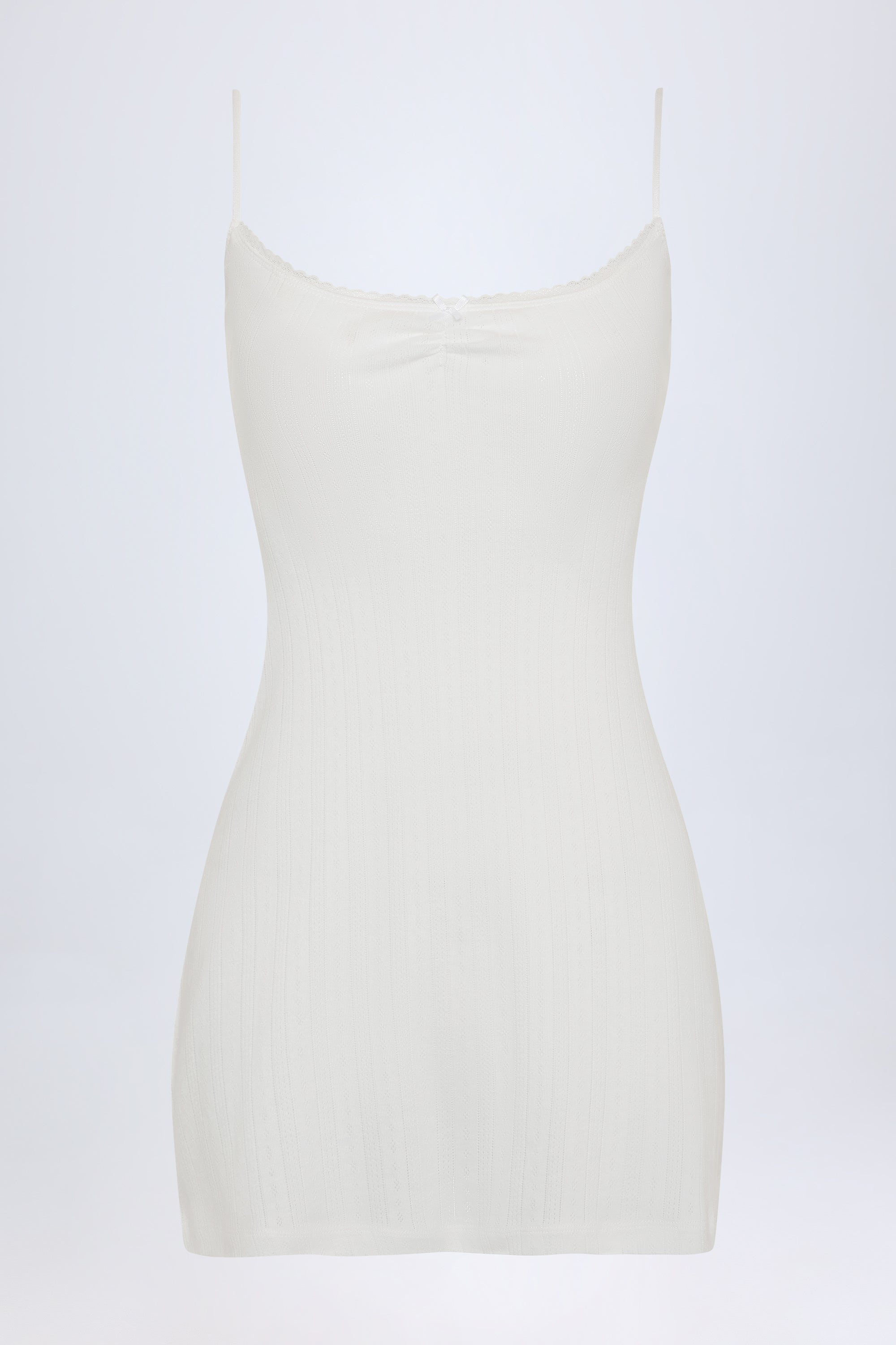 Alika Pointelle Ruched A-Line Mini Dress in White - Image 3