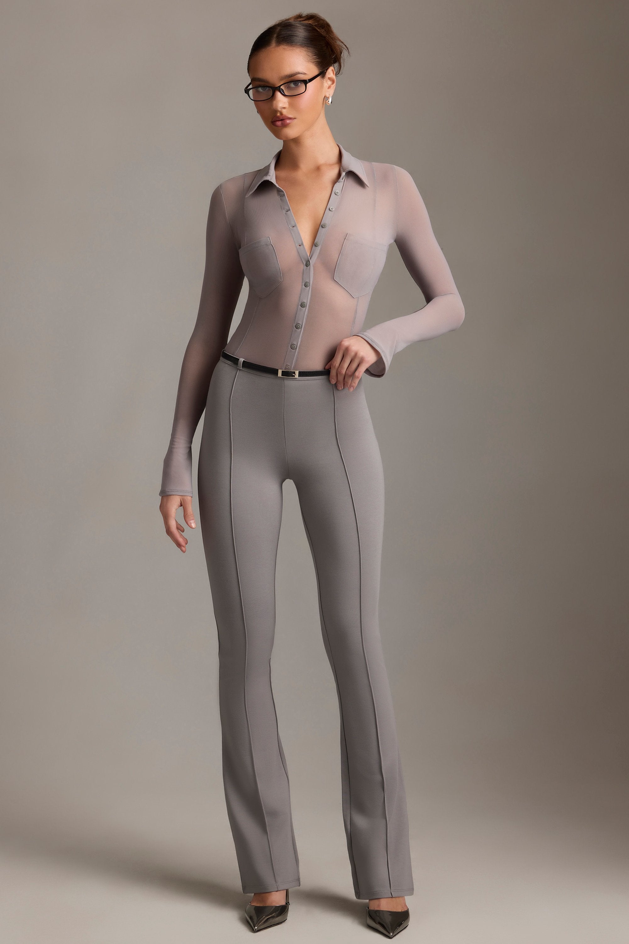 Althea Low-Rise Flared Trousers in Grey