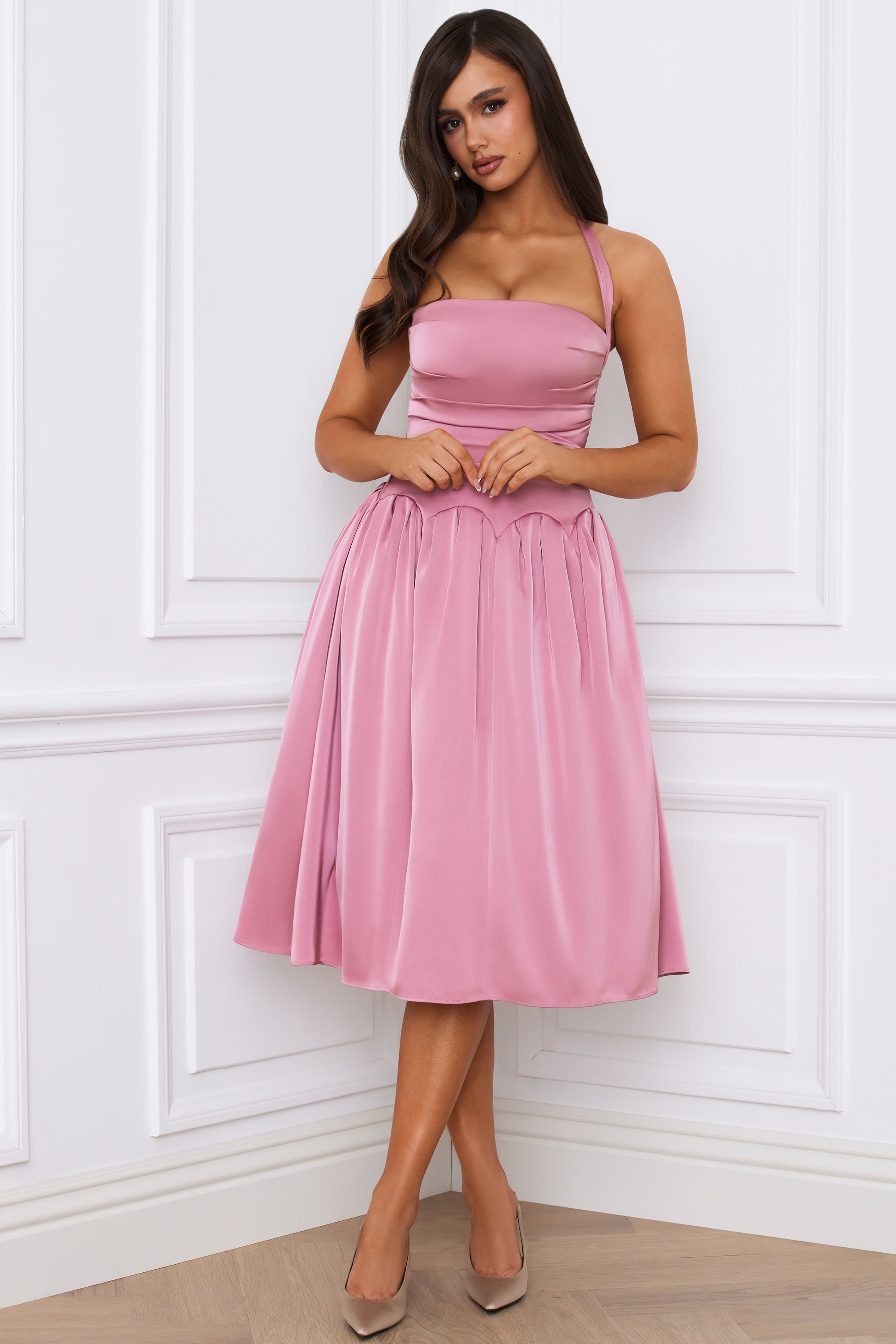 Amelie Halterneck Lace-Up Ruched Corset Midi Dress in Mauve