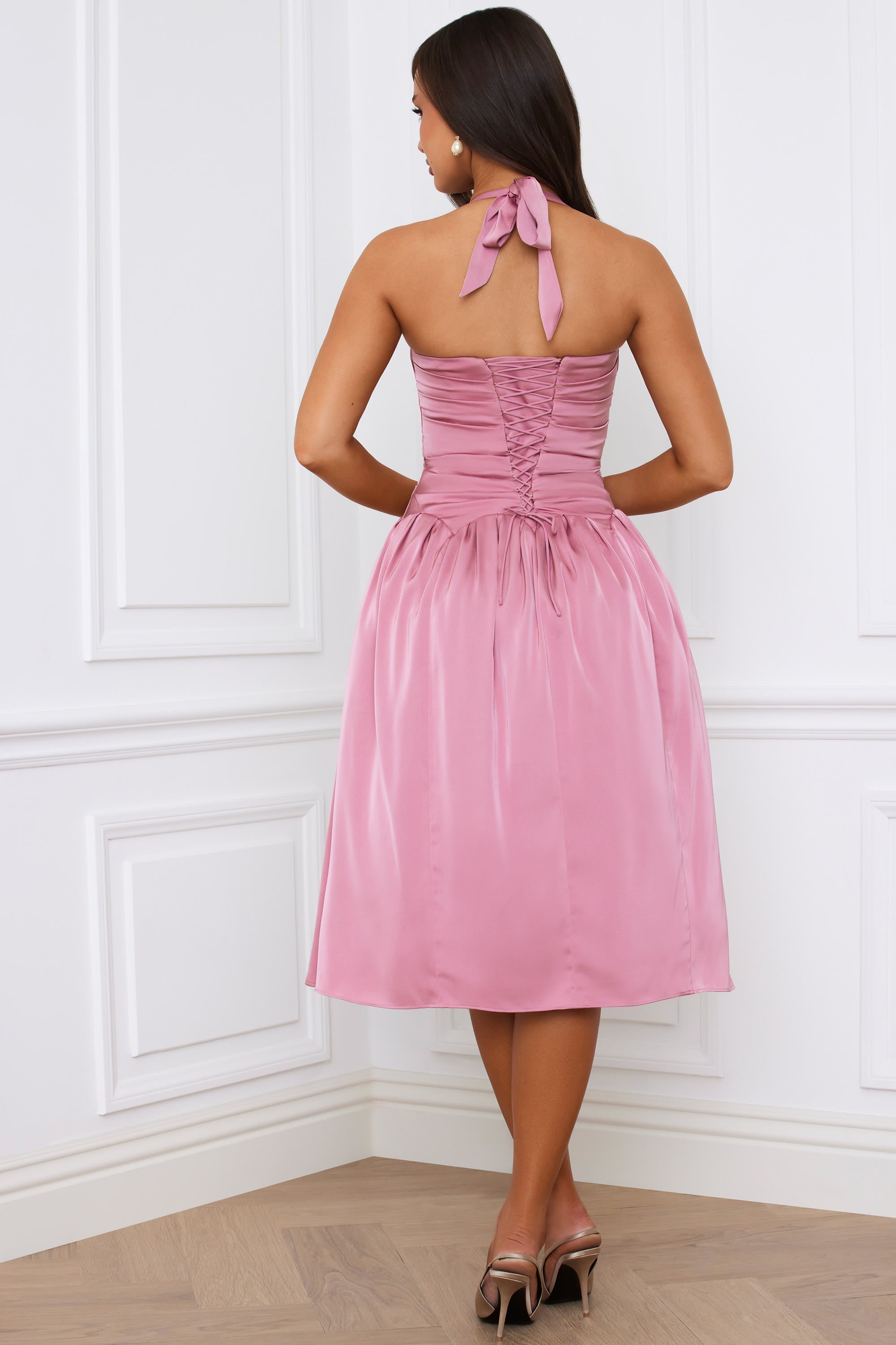 Amelie Halterneck Lace-Up Ruched Corset Midi Dress in Mauve - Image 3