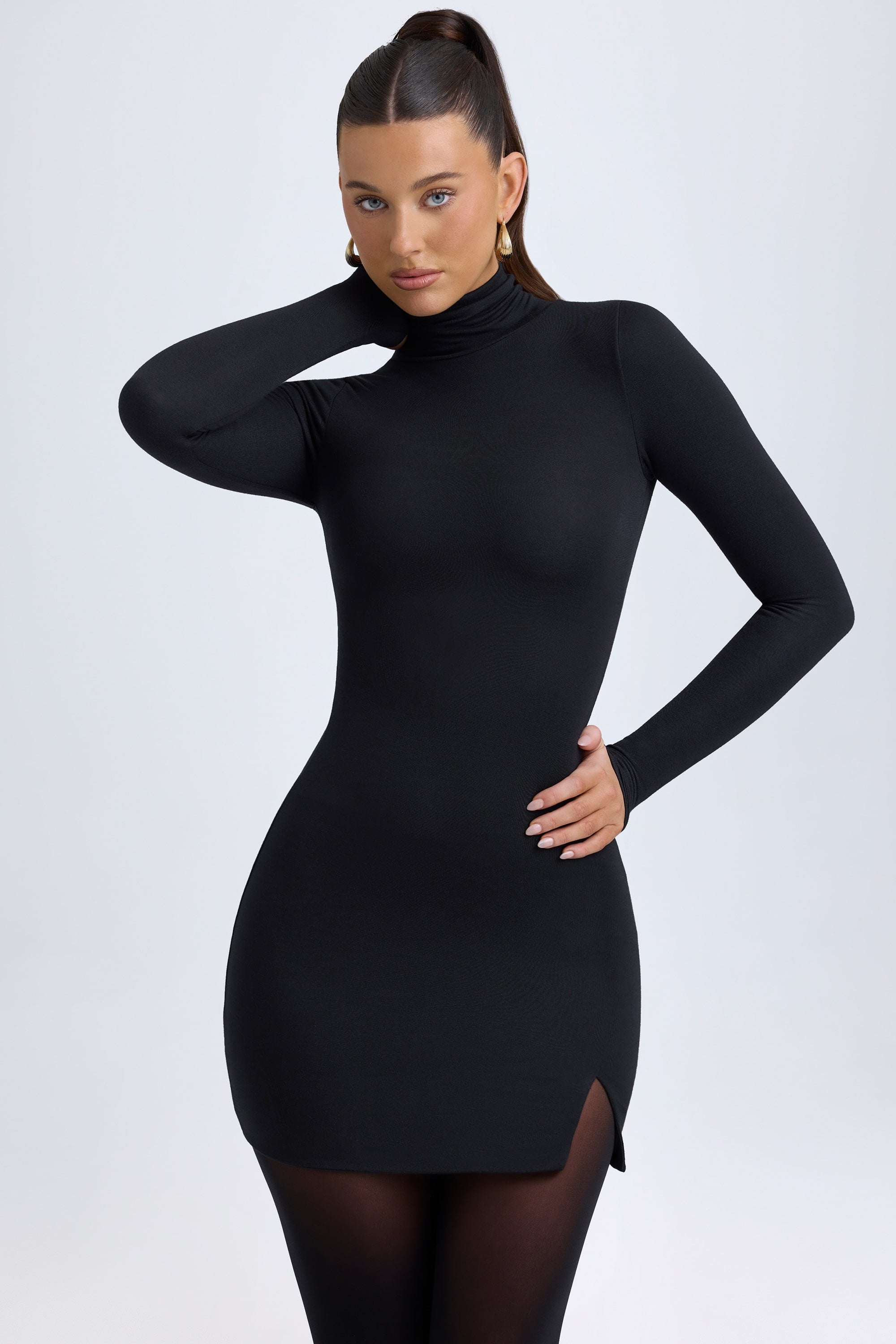 Amira Modal Turtleneck Mini Dress in Black - Image 6