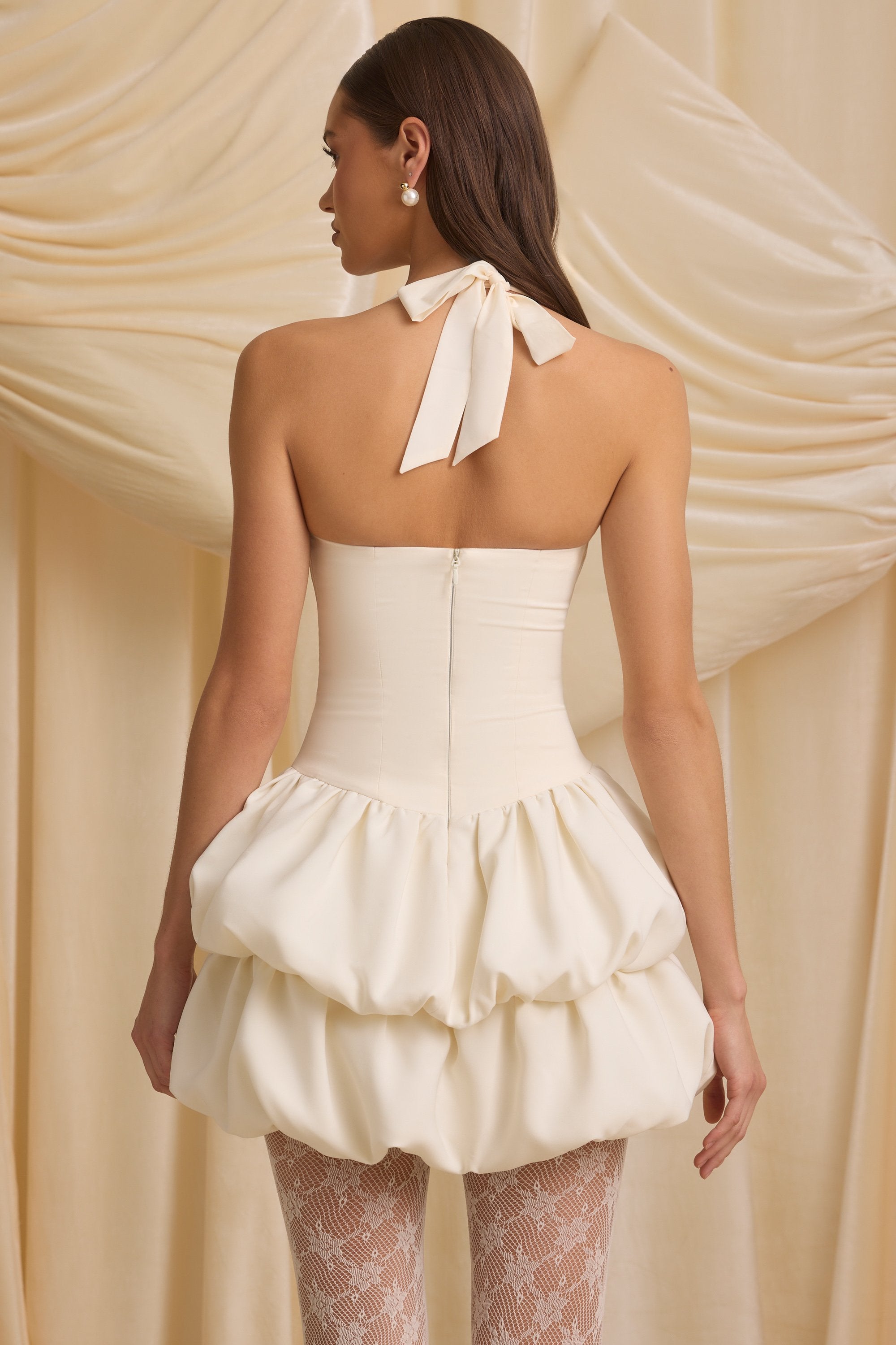 Andri Halterneck Layered Bubble Hem Corset Mini Dress in Ivory - Image 8