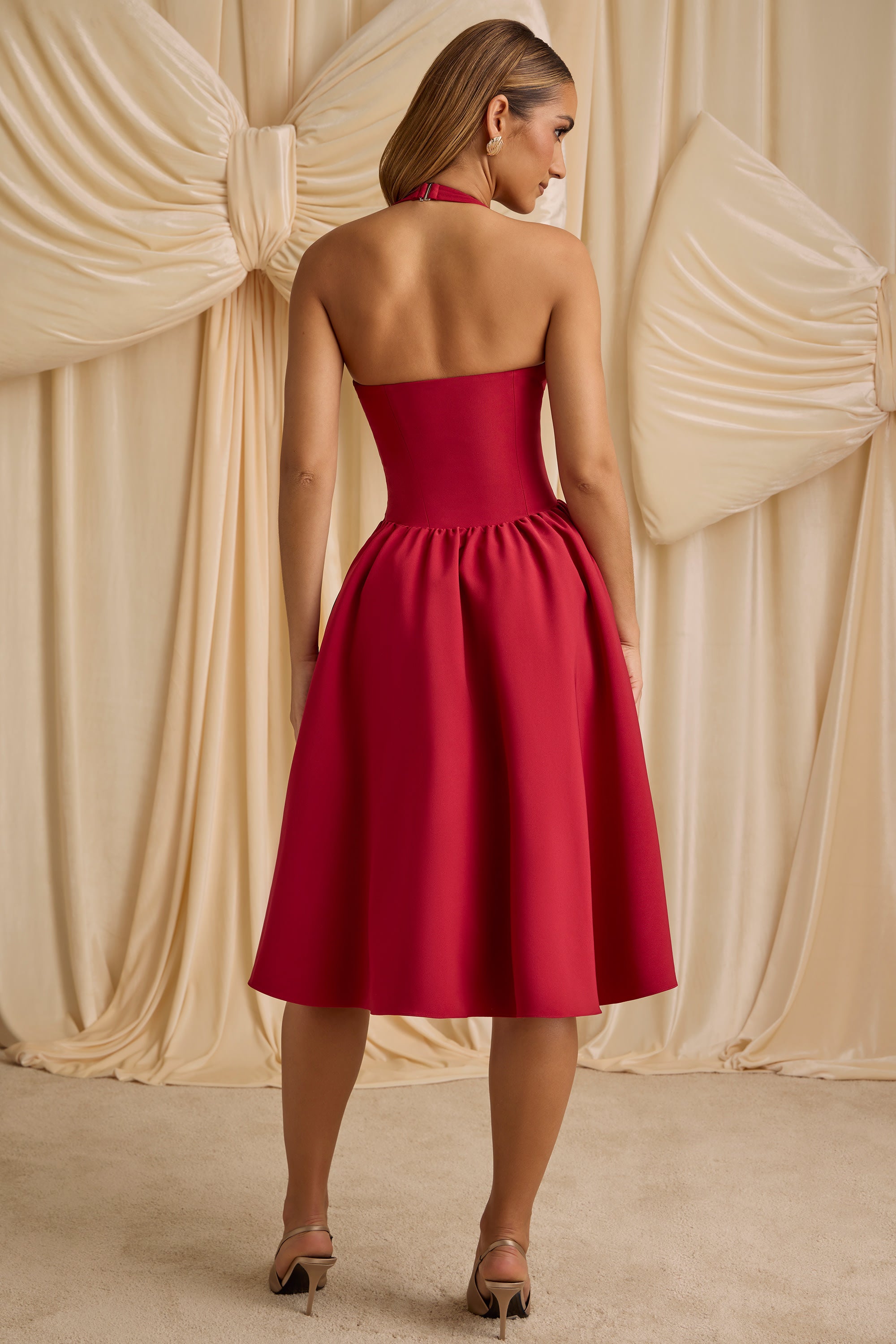 Angelina Halterneck Bow-Detail Midi Dress in True Red - Image 3