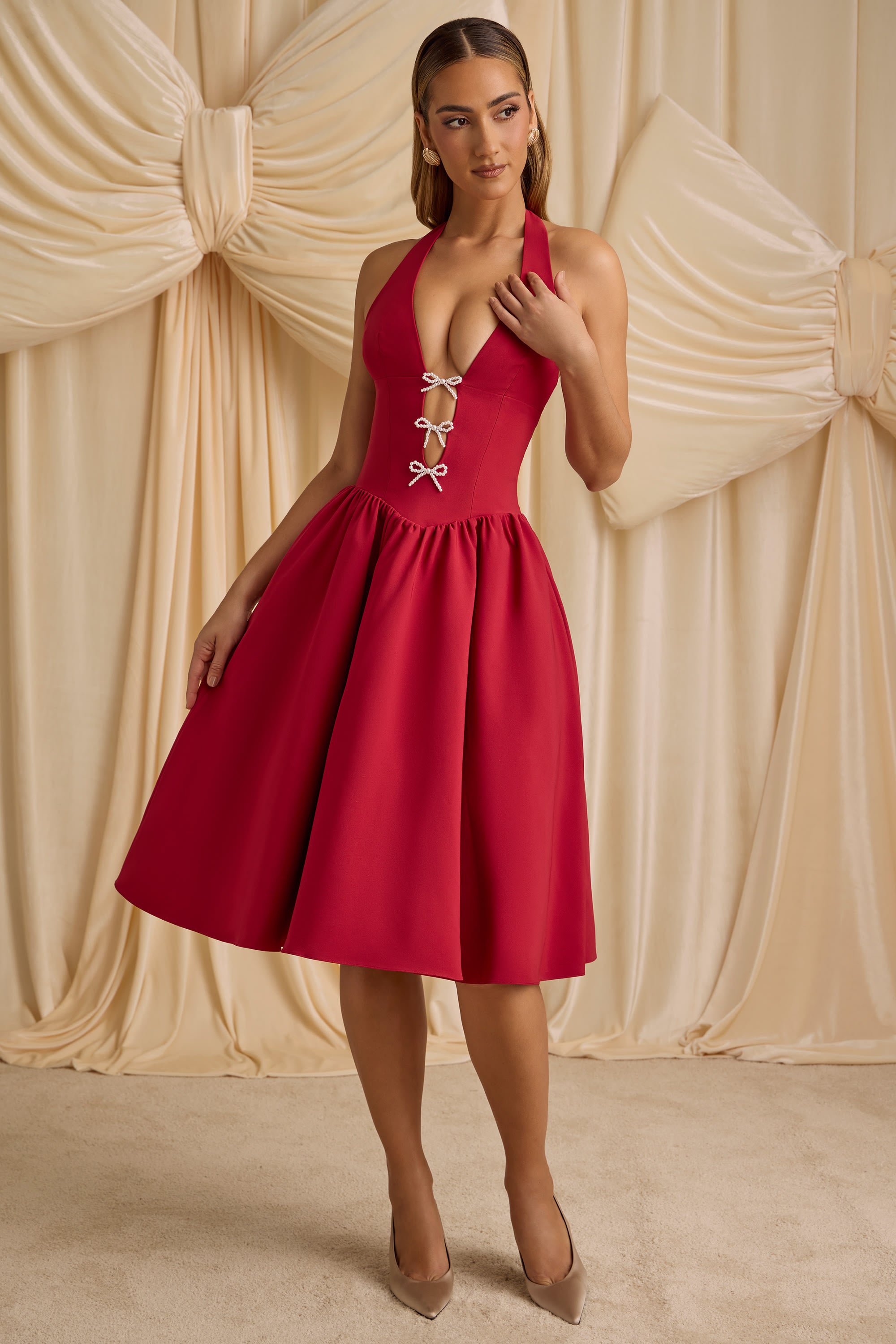 Angelina Halterneck Bow-Detail Midi Dress in True Red - Image 7
