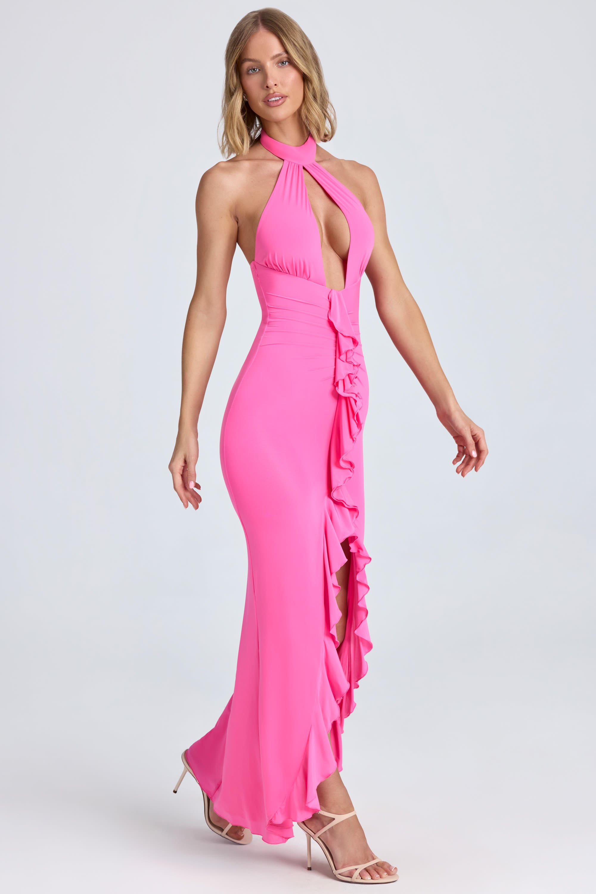 Appoline Halterneck Ruffle-Trim Gown in Lollipop Pink - Image 4