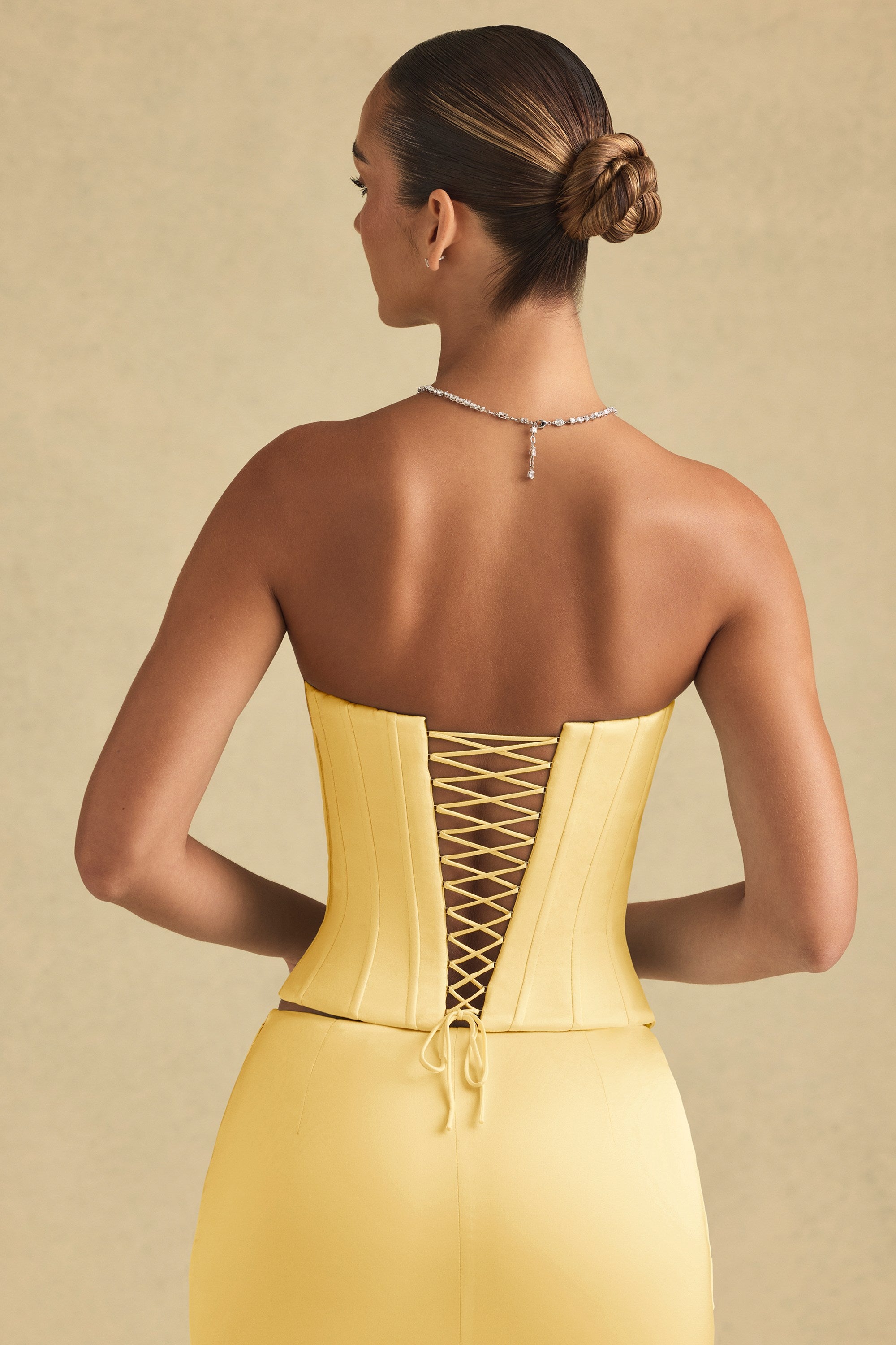 Araminta Full-Length Lace-Up Corset Top in Pastel Yellow - Image 6