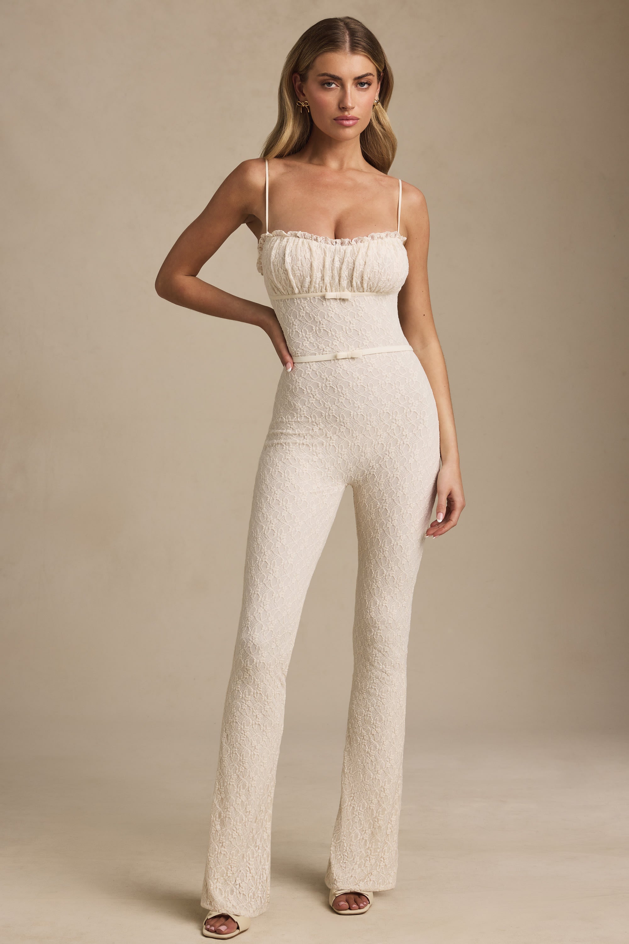 Arlena Bow-Detail Lace Flared Jumpsuit in Ivory