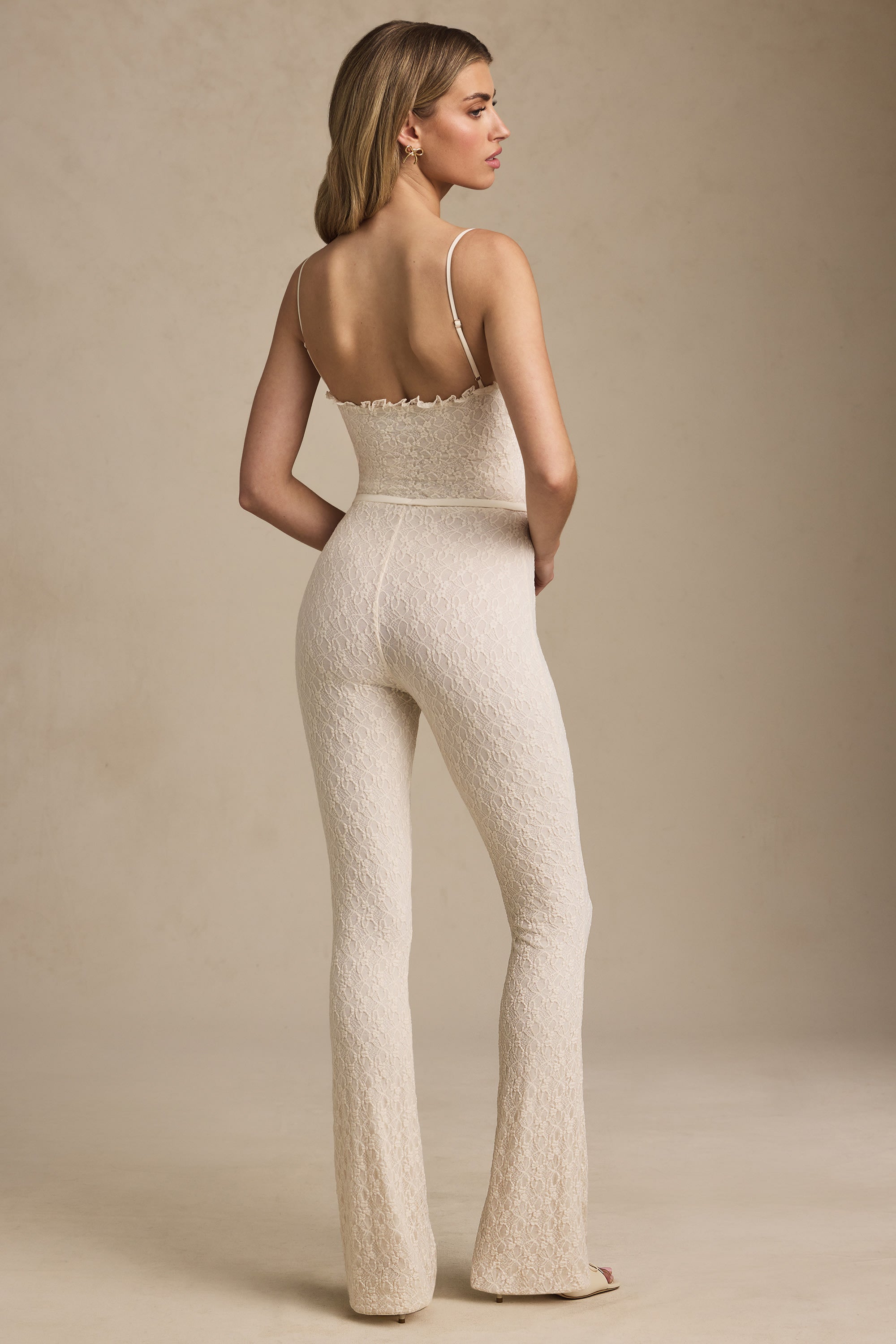 Arlena Bow-Detail Lace Flared Jumpsuit in Ivory - Image 8