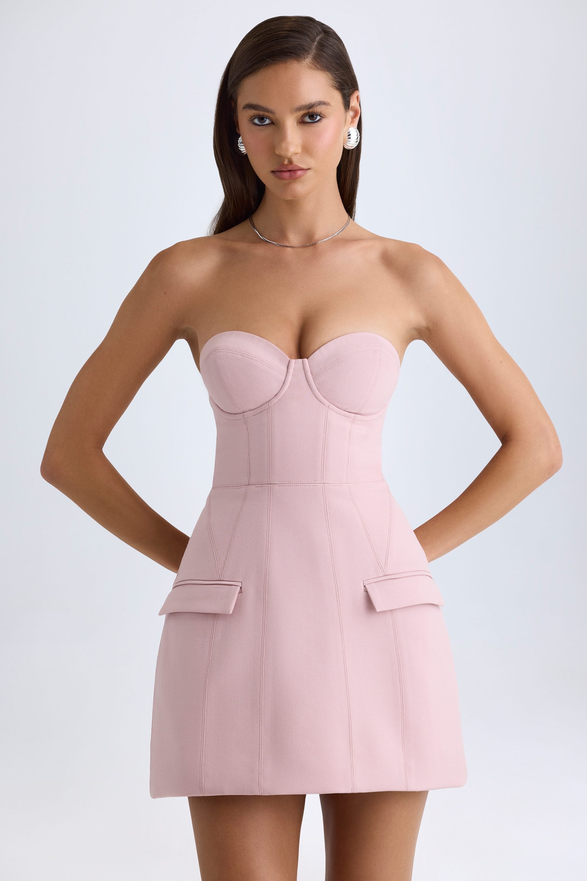 Arta Strapless Structured Tulip Mini Dress in Pink Mauve
