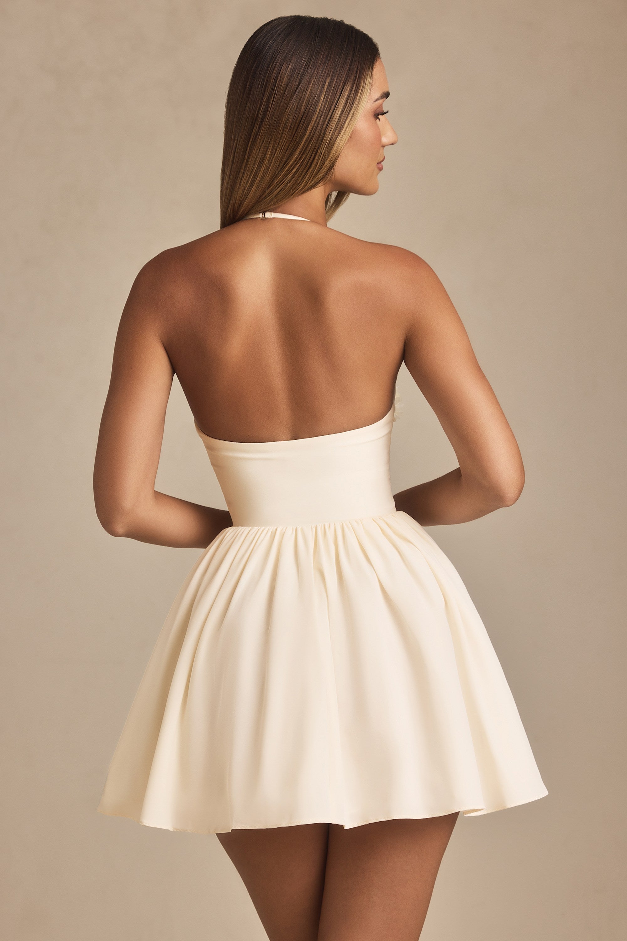 Halterneck Floral-Appliqu?? Corset Mini Dress in Ivory - Image 2