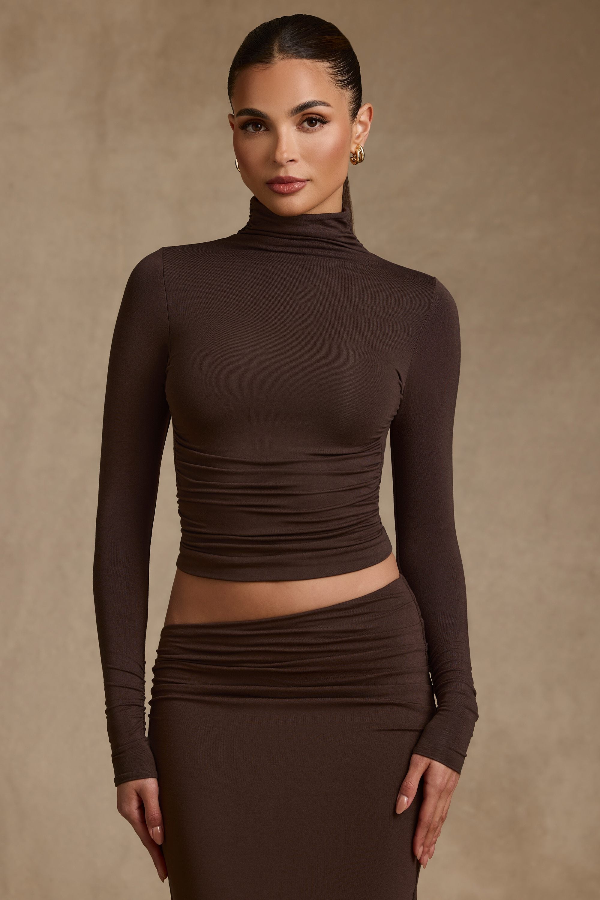 Auri Modal Ruched Backless Turtleneck Top in Chocolate Brown
