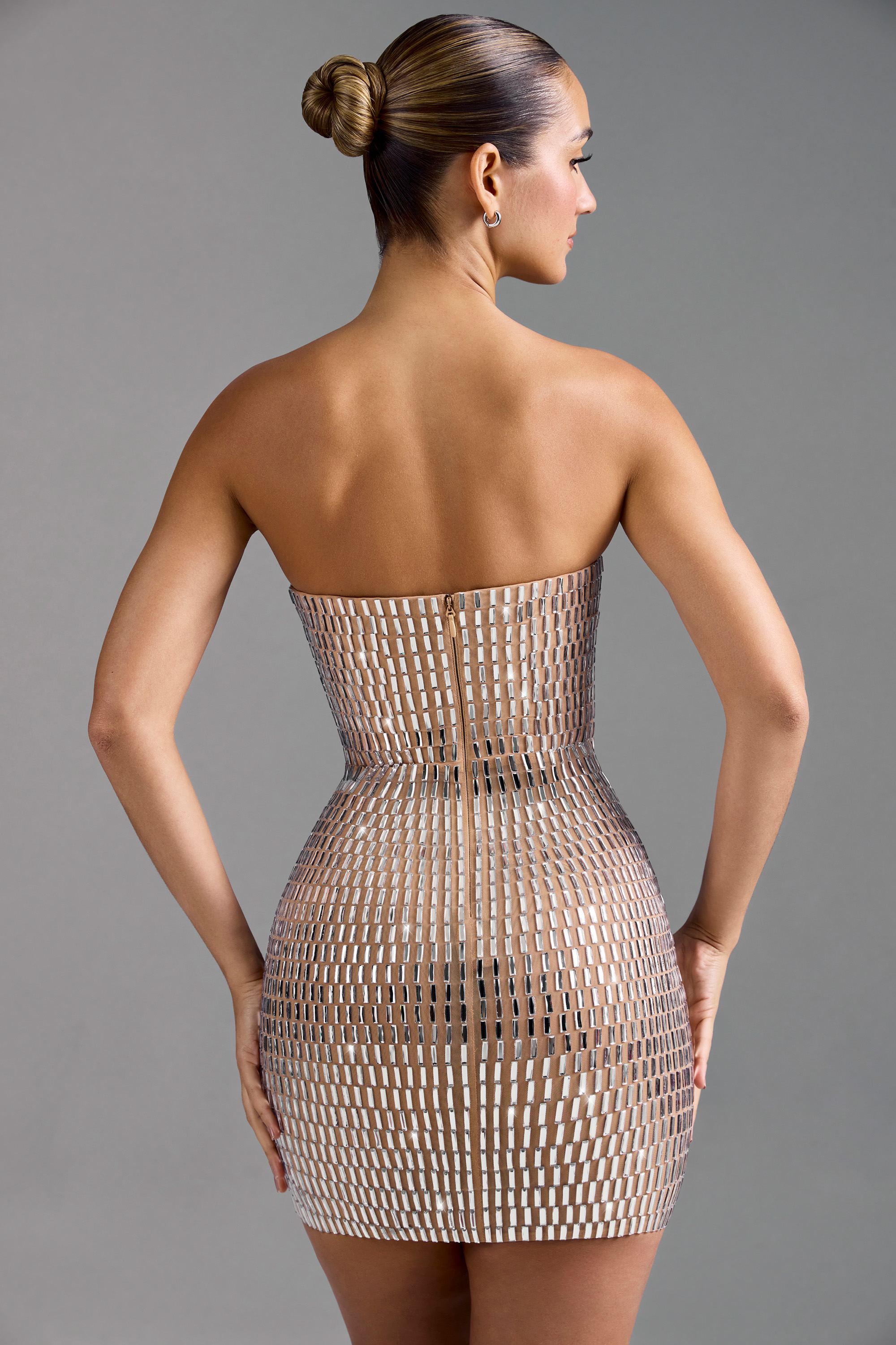 Aurora Embellished Bandeau Mini Dress in Almond - Image 3