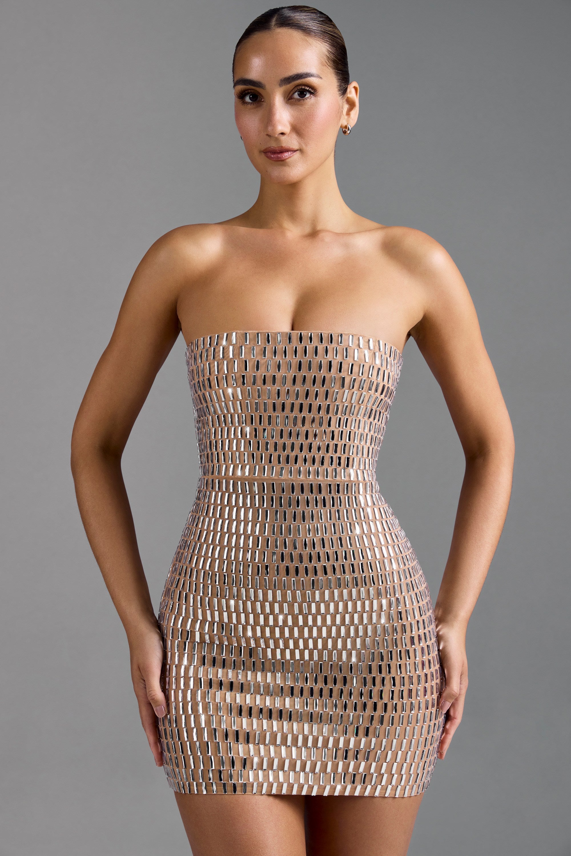 Aurora Embellished Bandeau Mini Dress in Almond - Image 10
