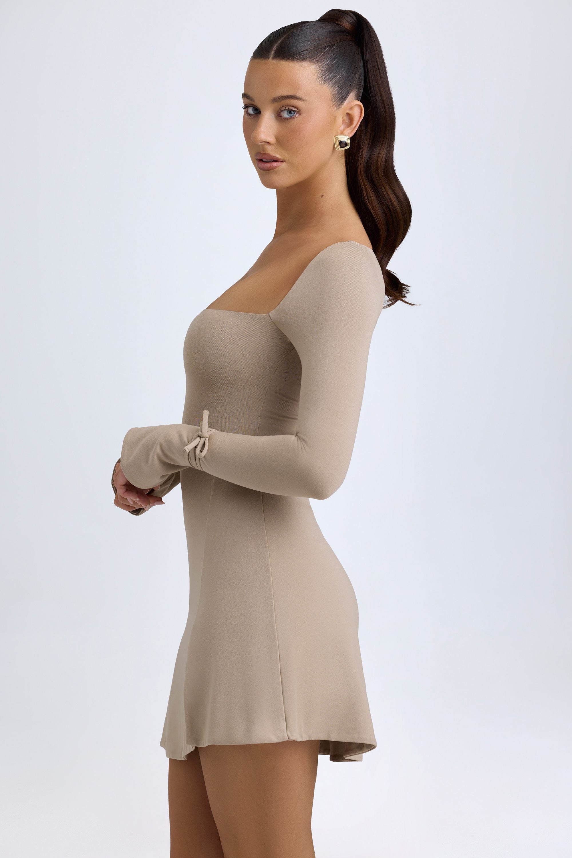 Baize Modal Square-Neck A-Line Mini Dress in Taupe - Image 3