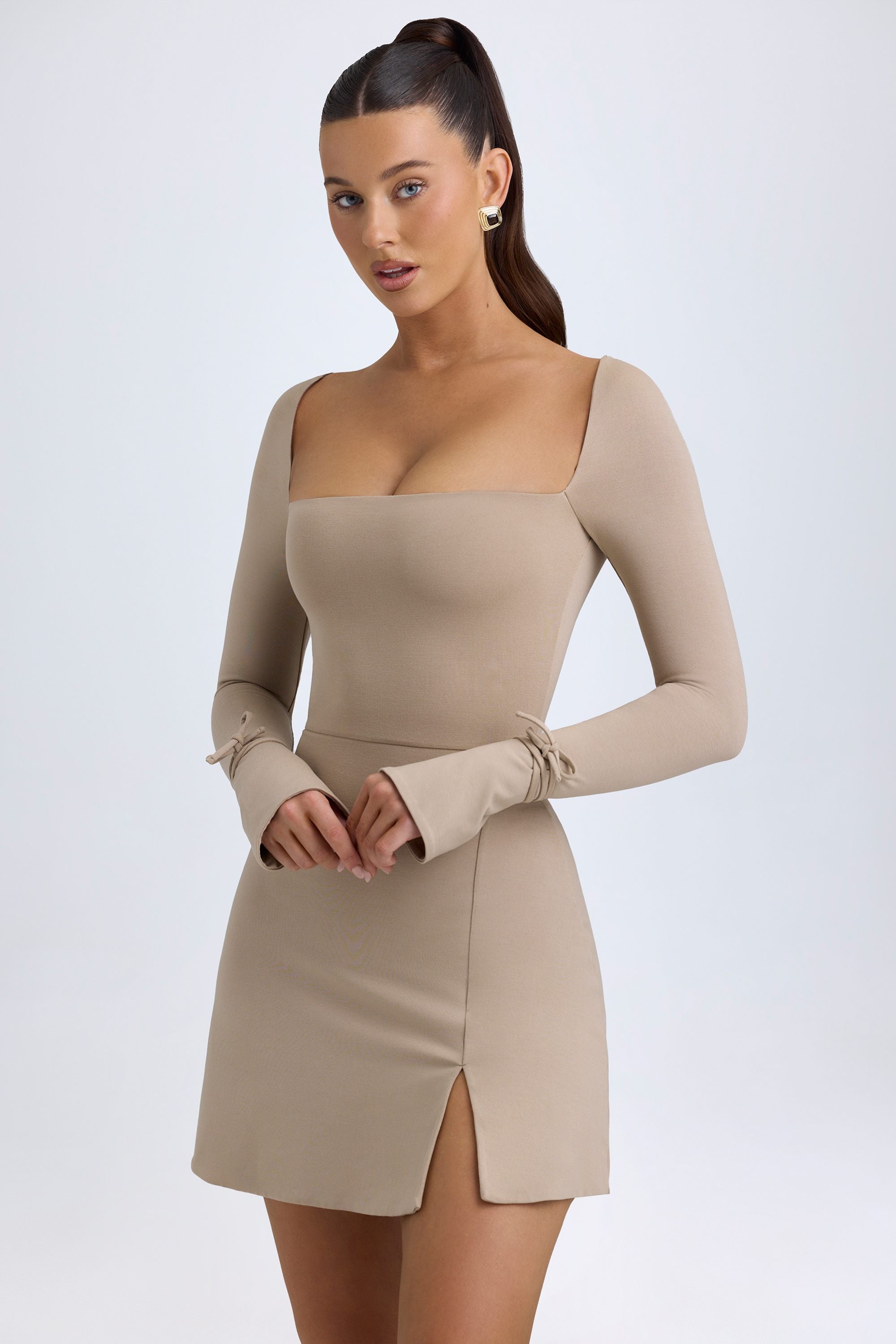 Baize Modal Square-Neck A-Line Mini Dress in Taupe - Image 6