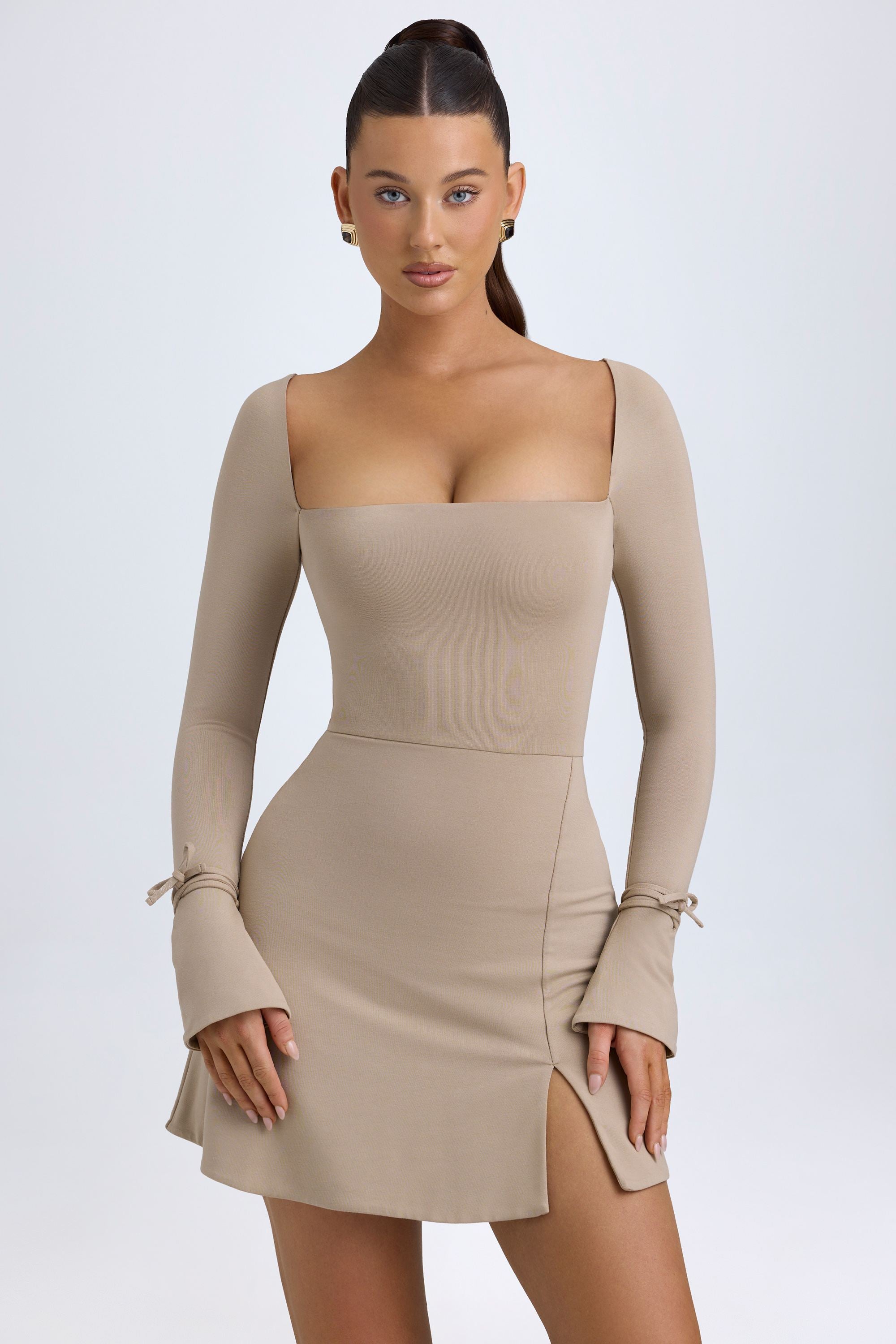 Baize Modal Square-Neck A-Line Mini Dress in Taupe - Image 7