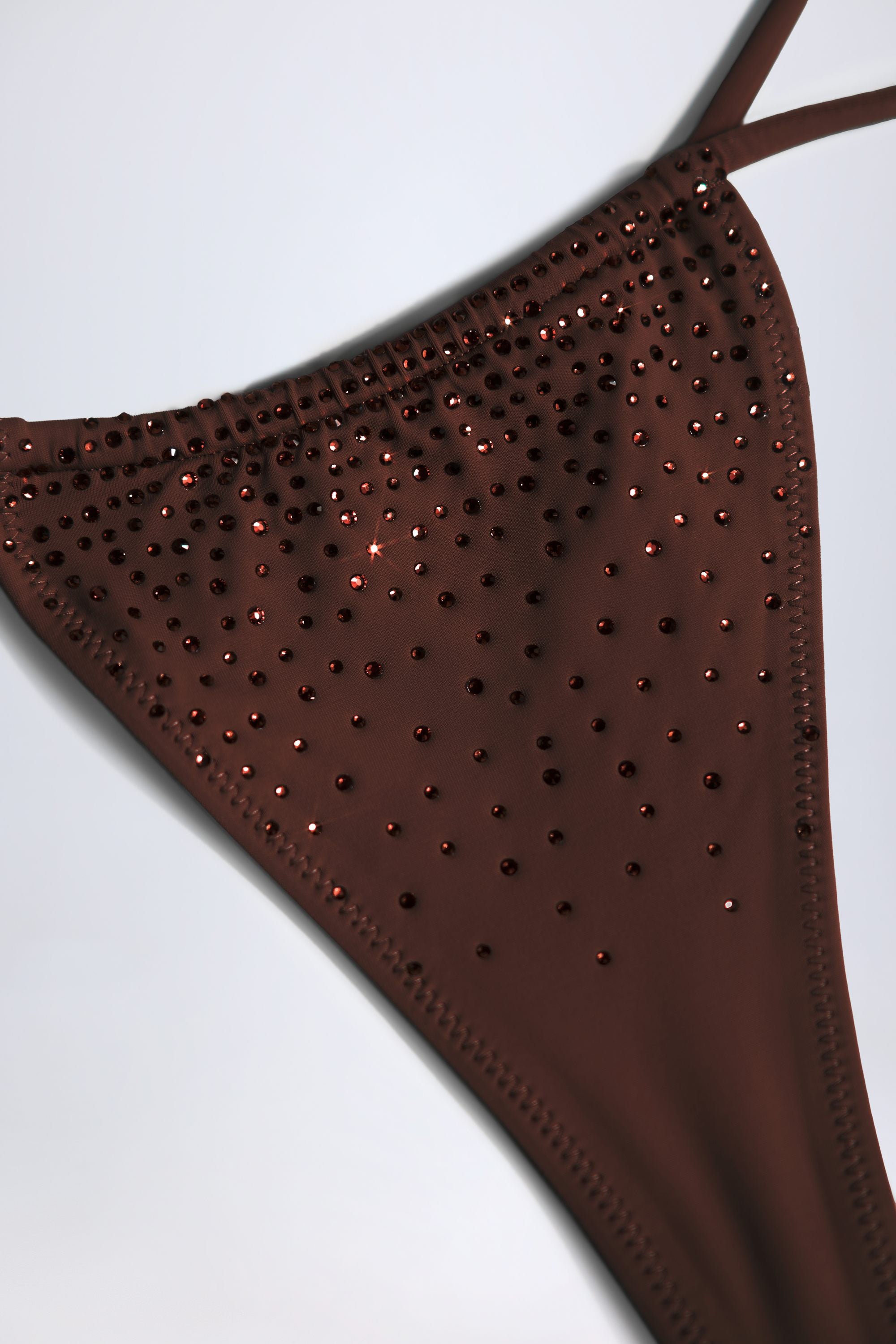 Embellished Drawstring Thong Bikini Bottoms in Chocolate Brown - Image 3
