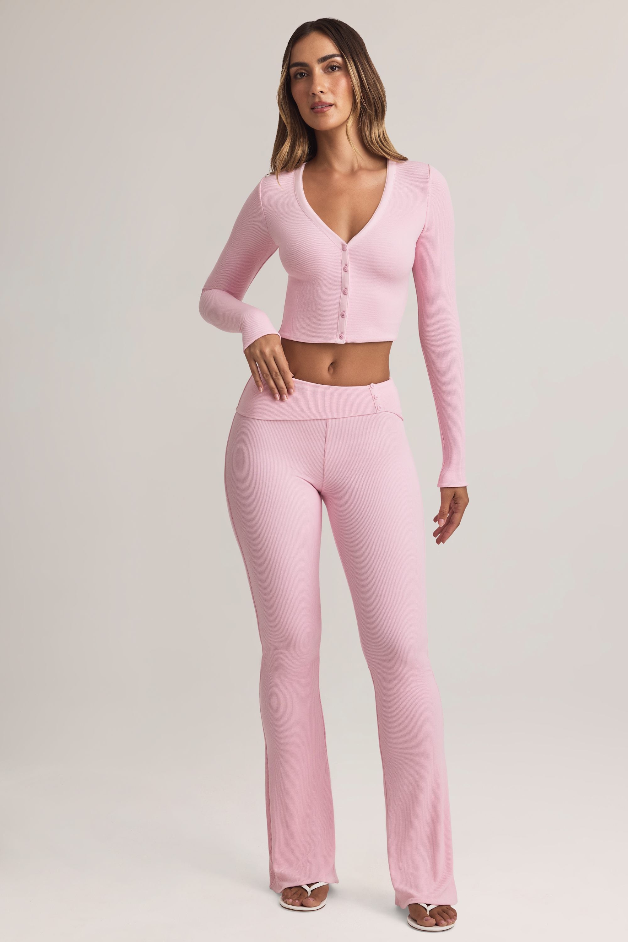 Bebe Modal Foldover Mid-Rise Flared Trousers in Pastel Pink