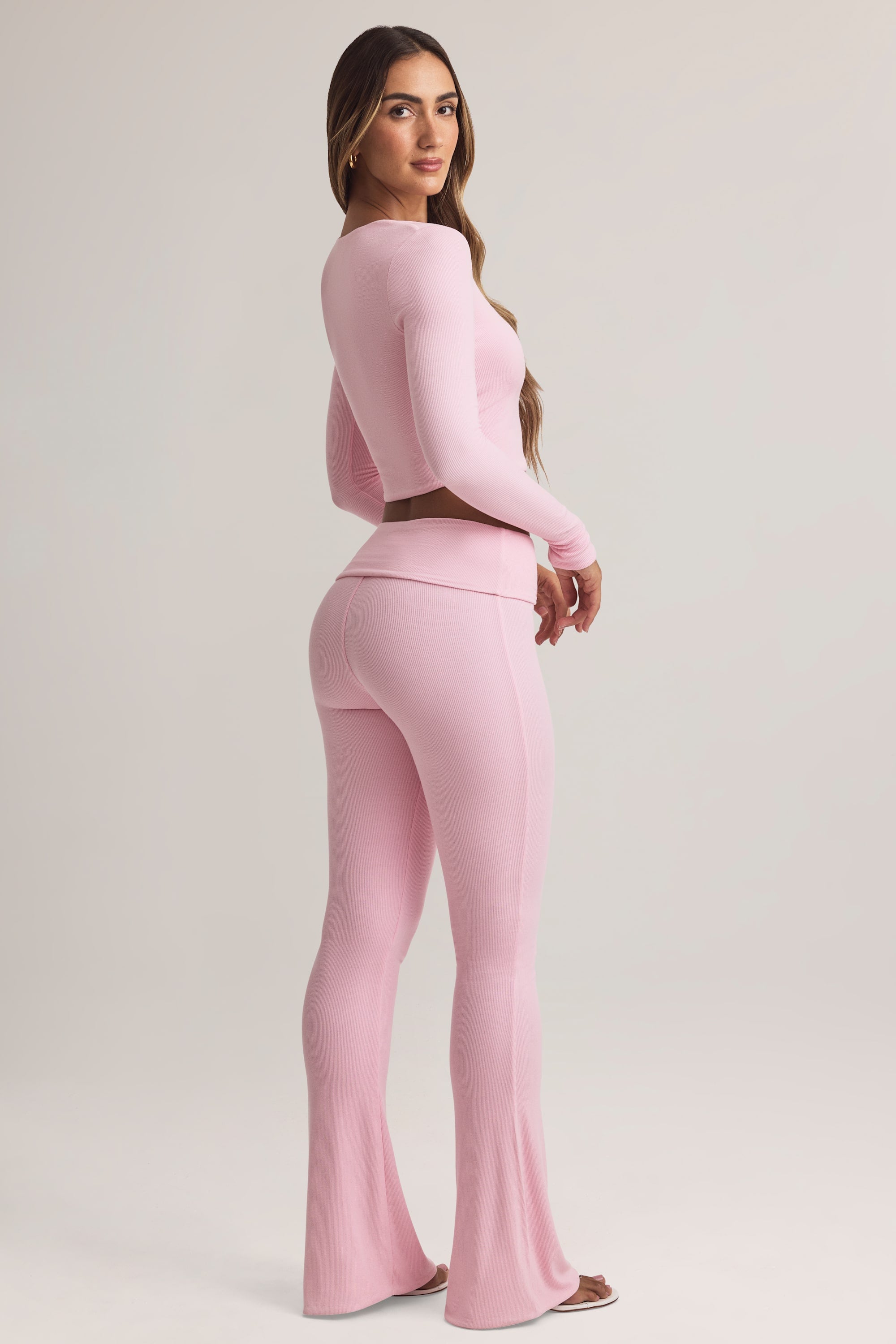 Bebe Modal Foldover Mid-Rise Flared Trousers in Pastel Pink - Image 2