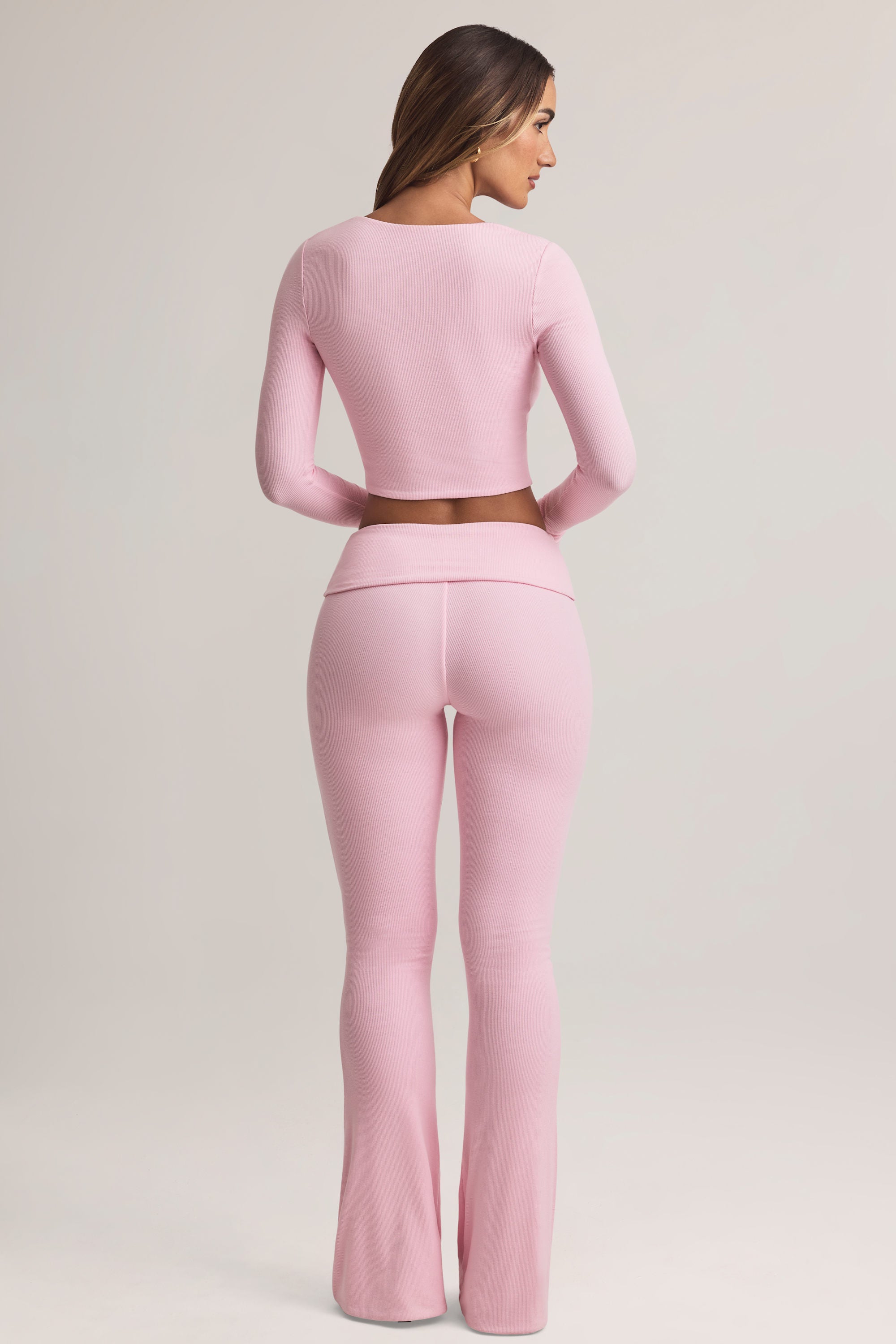 Bebe Modal Foldover Mid-Rise Flared Trousers in Pastel Pink - Image 3