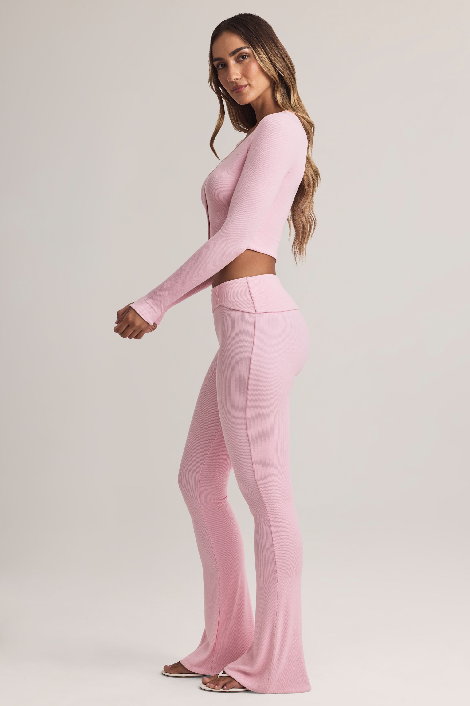 Bebe Modal Foldover Mid-Rise Flared Trousers in Pastel Pink - Image 4