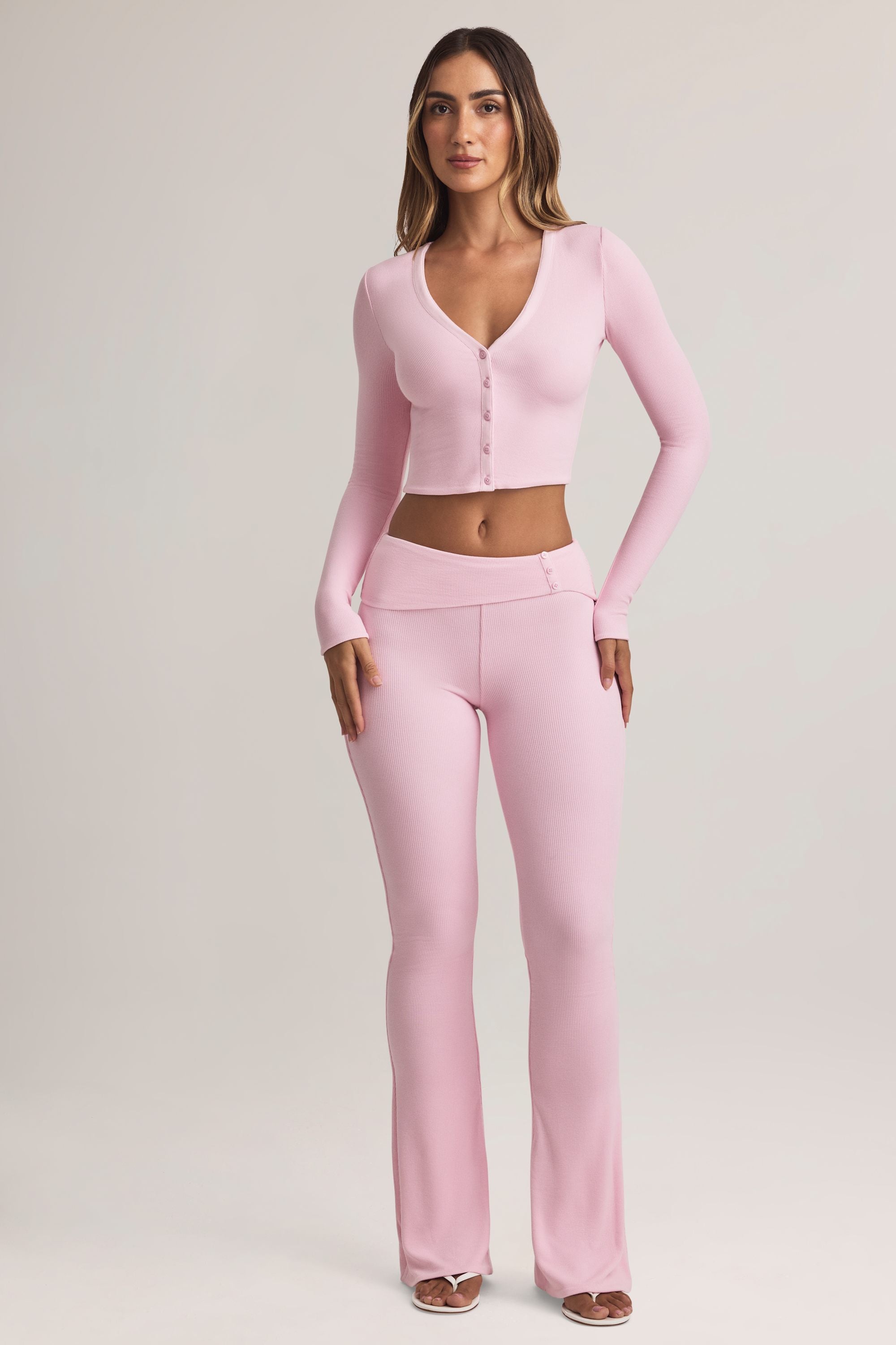 Bebe Modal Foldover Mid-Rise Flared Trousers in Pastel Pink - Image 5