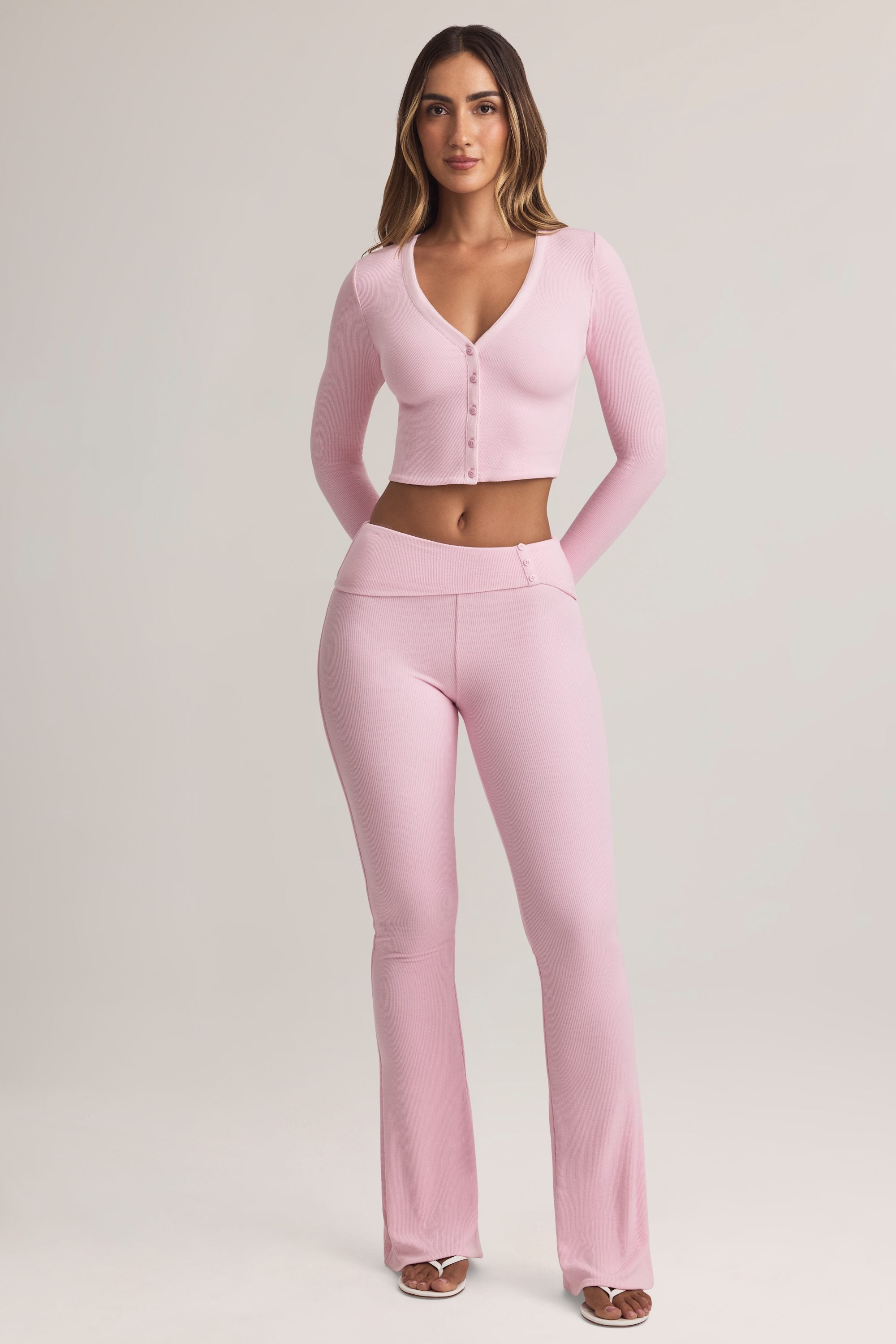 Bebe Modal Foldover Mid-Rise Flared Trousers in Pastel Pink - Image 6