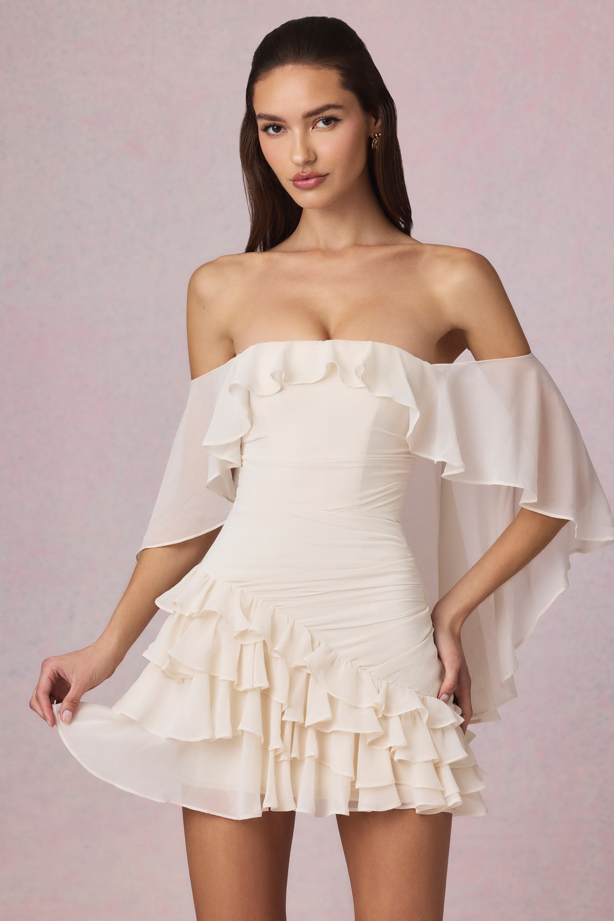 Birdie Off-Shoulder Ruffled Mini Dress in Ivory