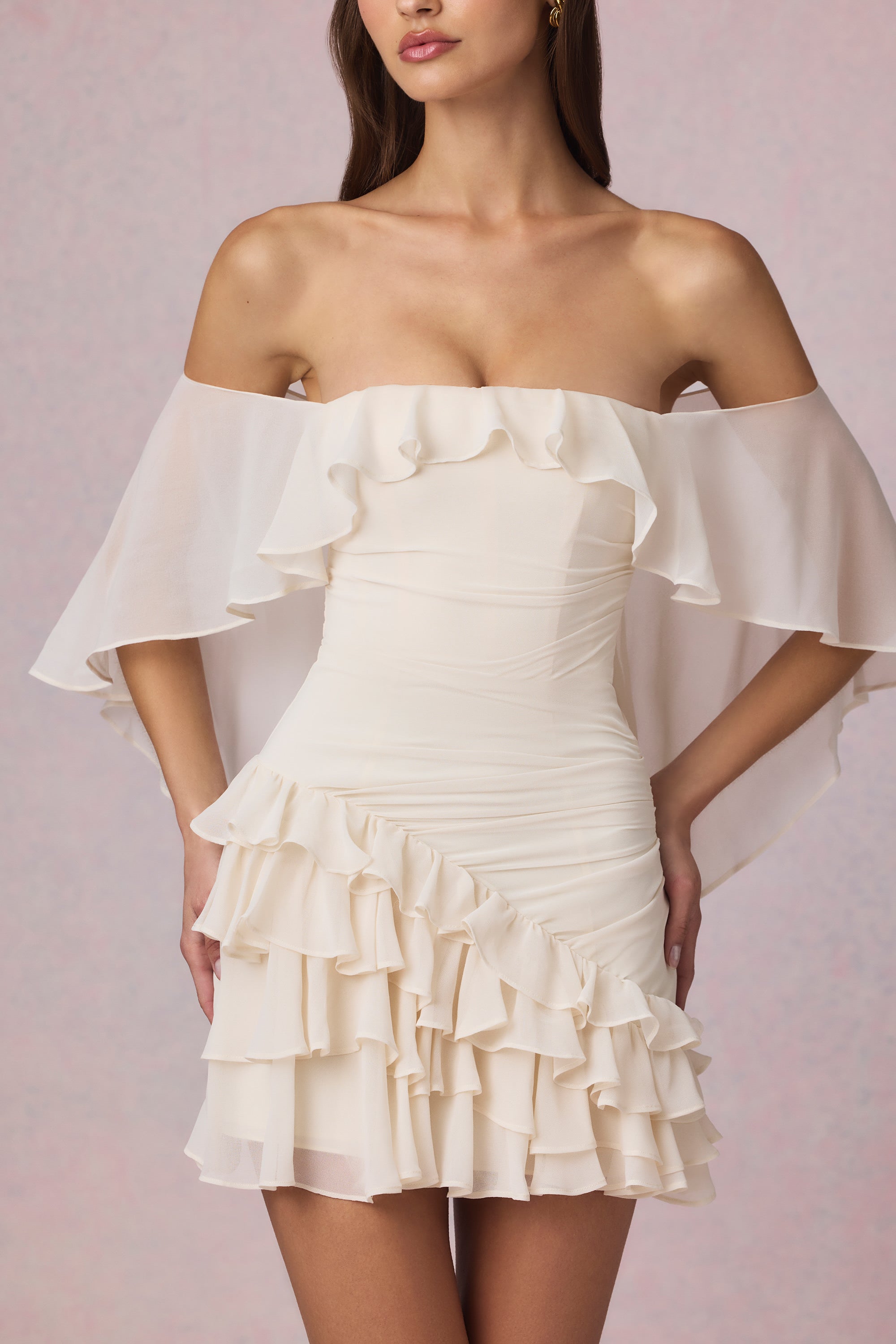 Birdie Off-Shoulder Ruffled Mini Dress in Ivory - Image 4