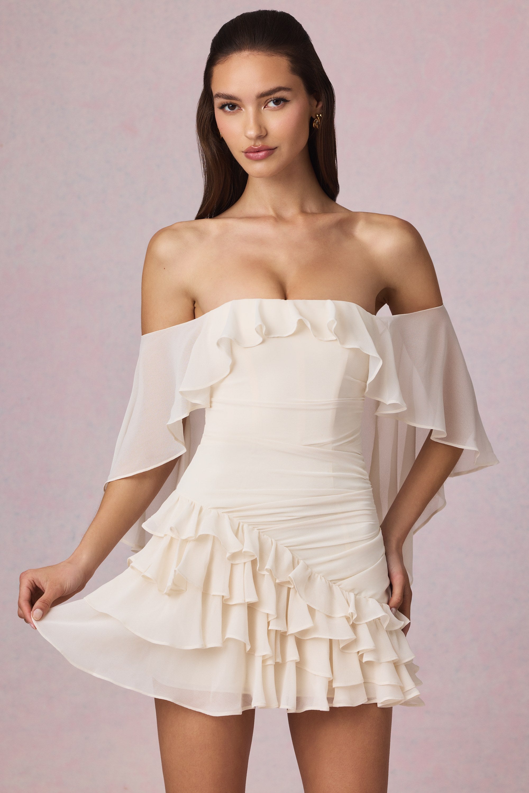 Birdie Off-Shoulder Ruffled Mini Dress in Ivory - Image 8