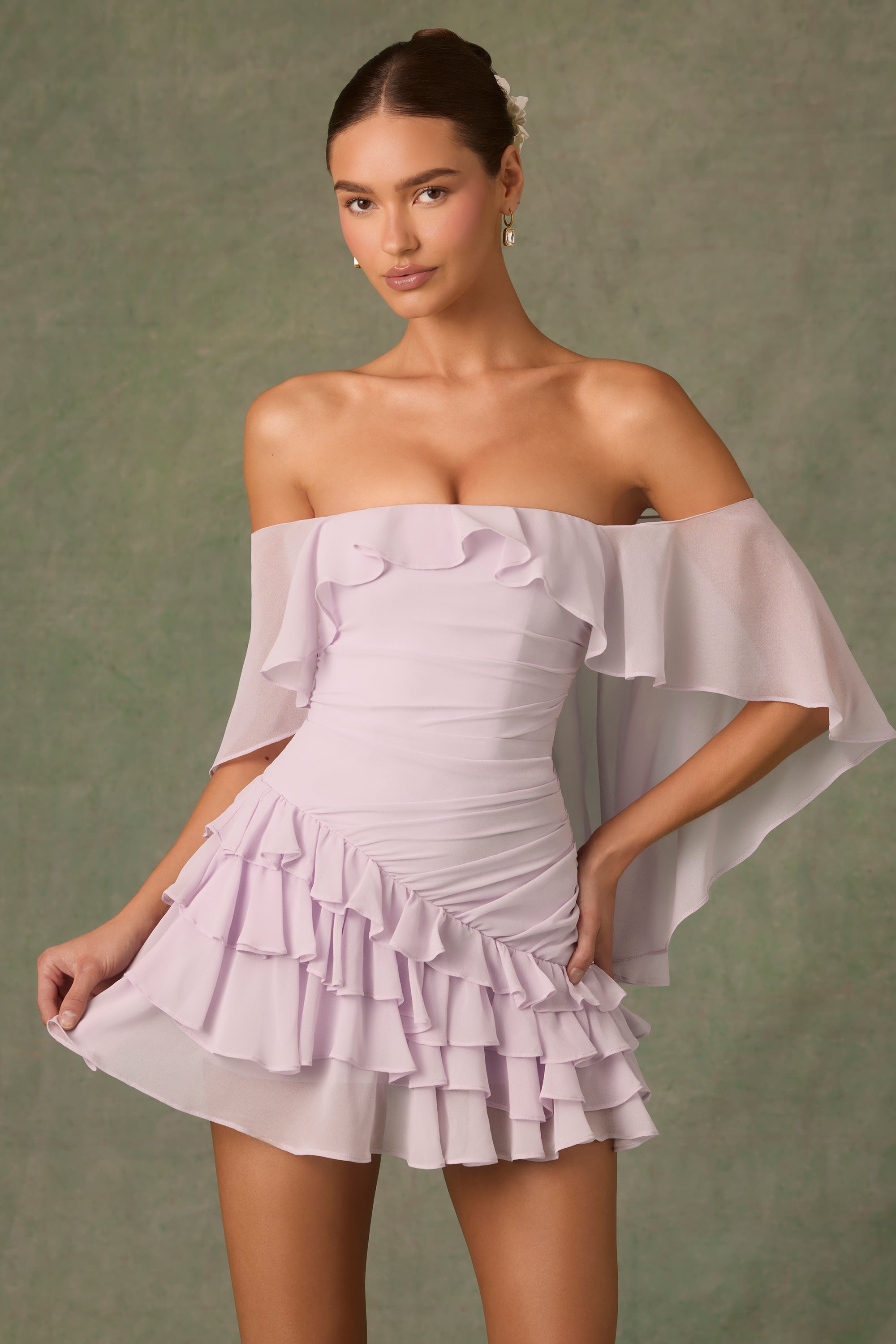 Birdie Off-Shoulder Ruffled Mini Dress in Lilac