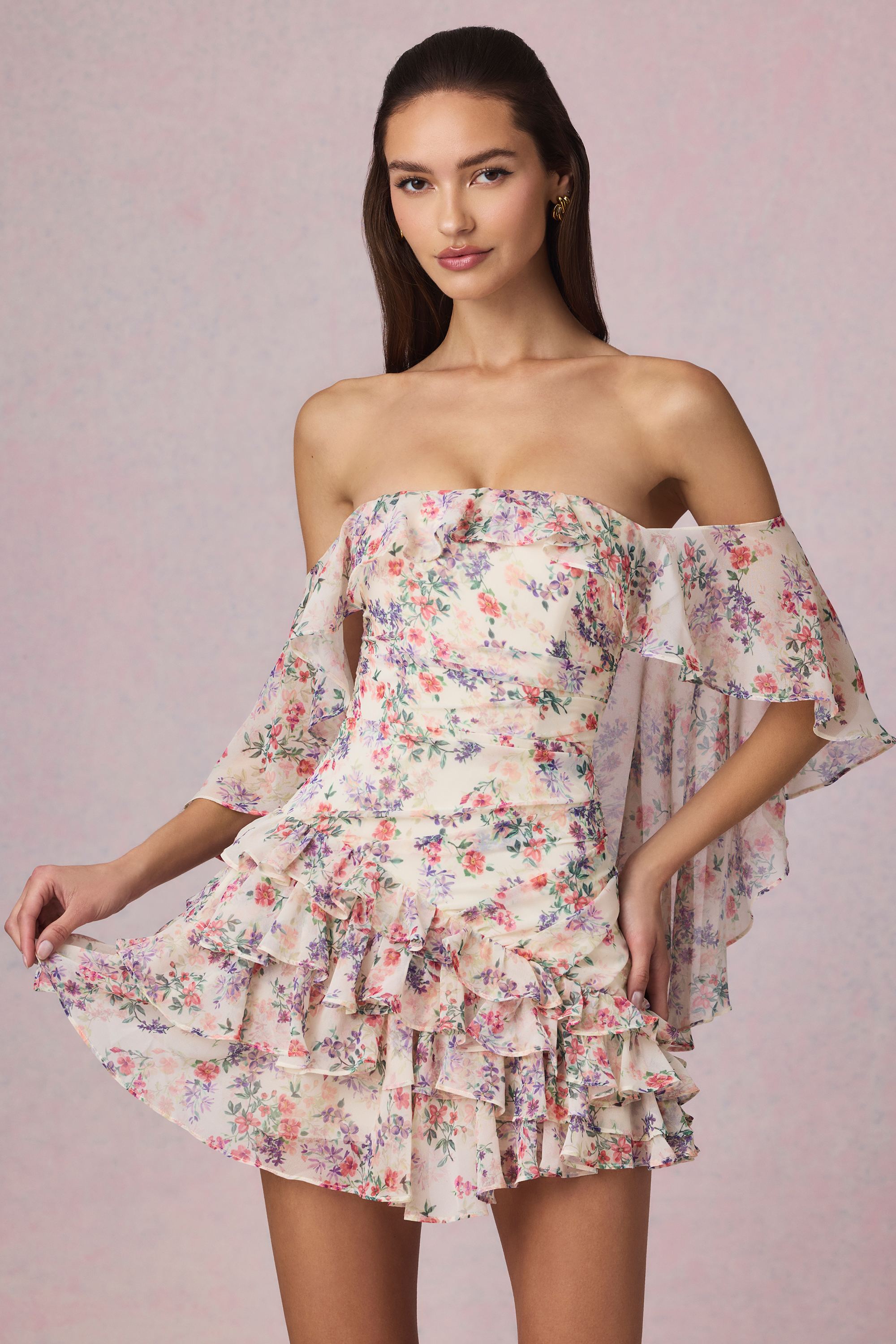 Birdie Off-Shoulder Ruffled Mini Dress in Primrose Floral Print