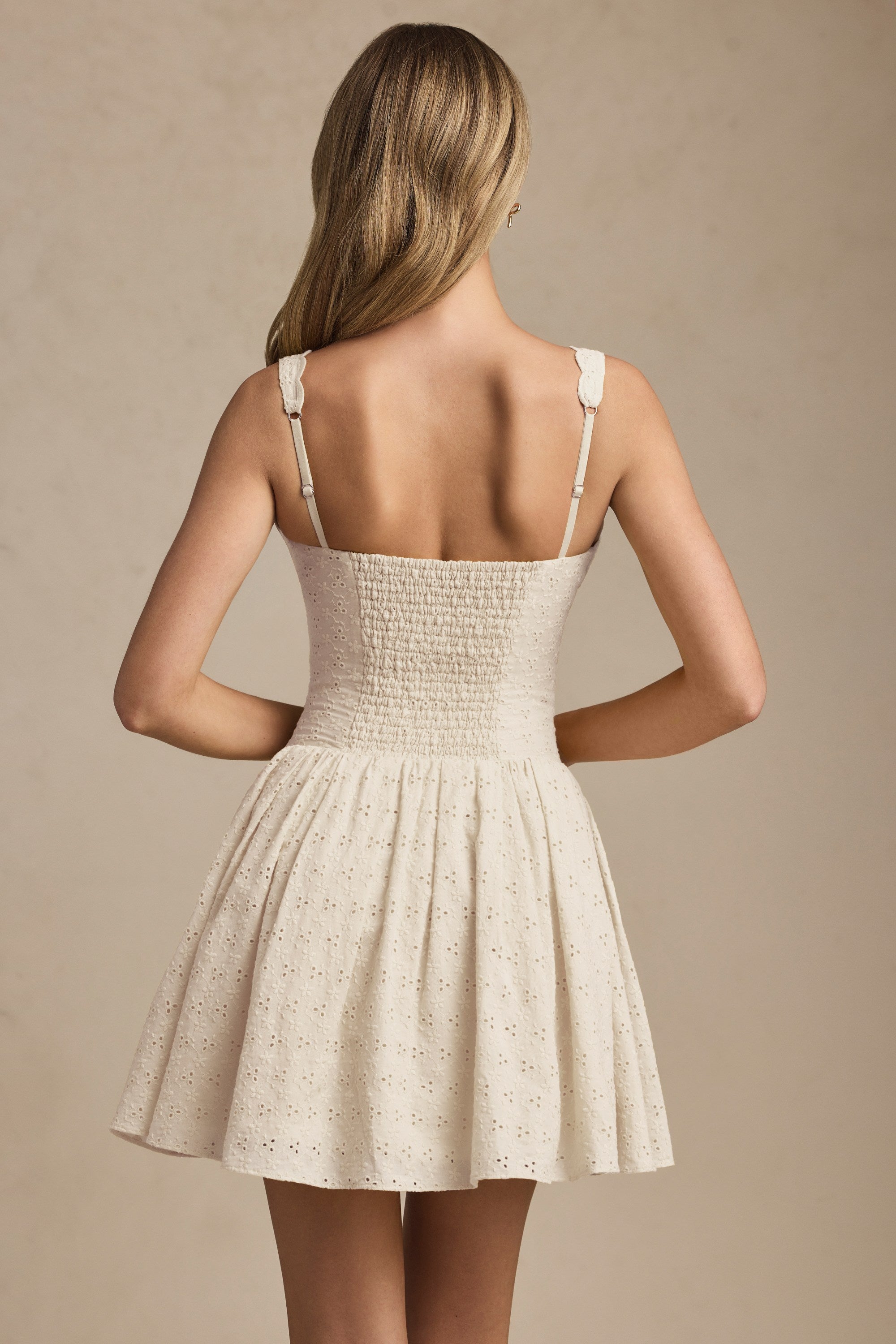 Sabina Broderie Anglaise Bow-Detail A-Line Mini Dress in Ivory - Image 3
