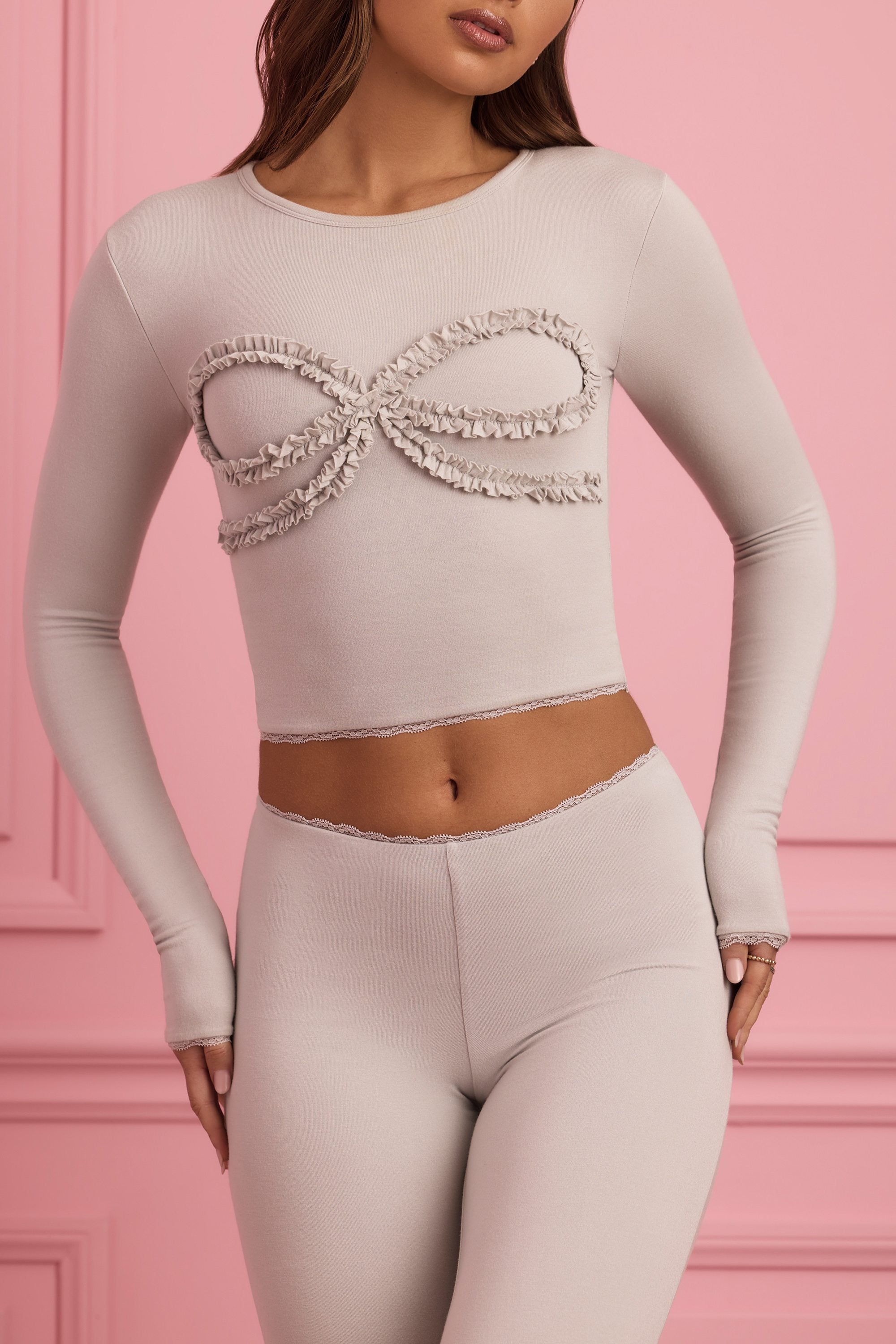 Bowie Lace-Trim Appliqu?? Pyjama Top in Cloud Grey - Image 2