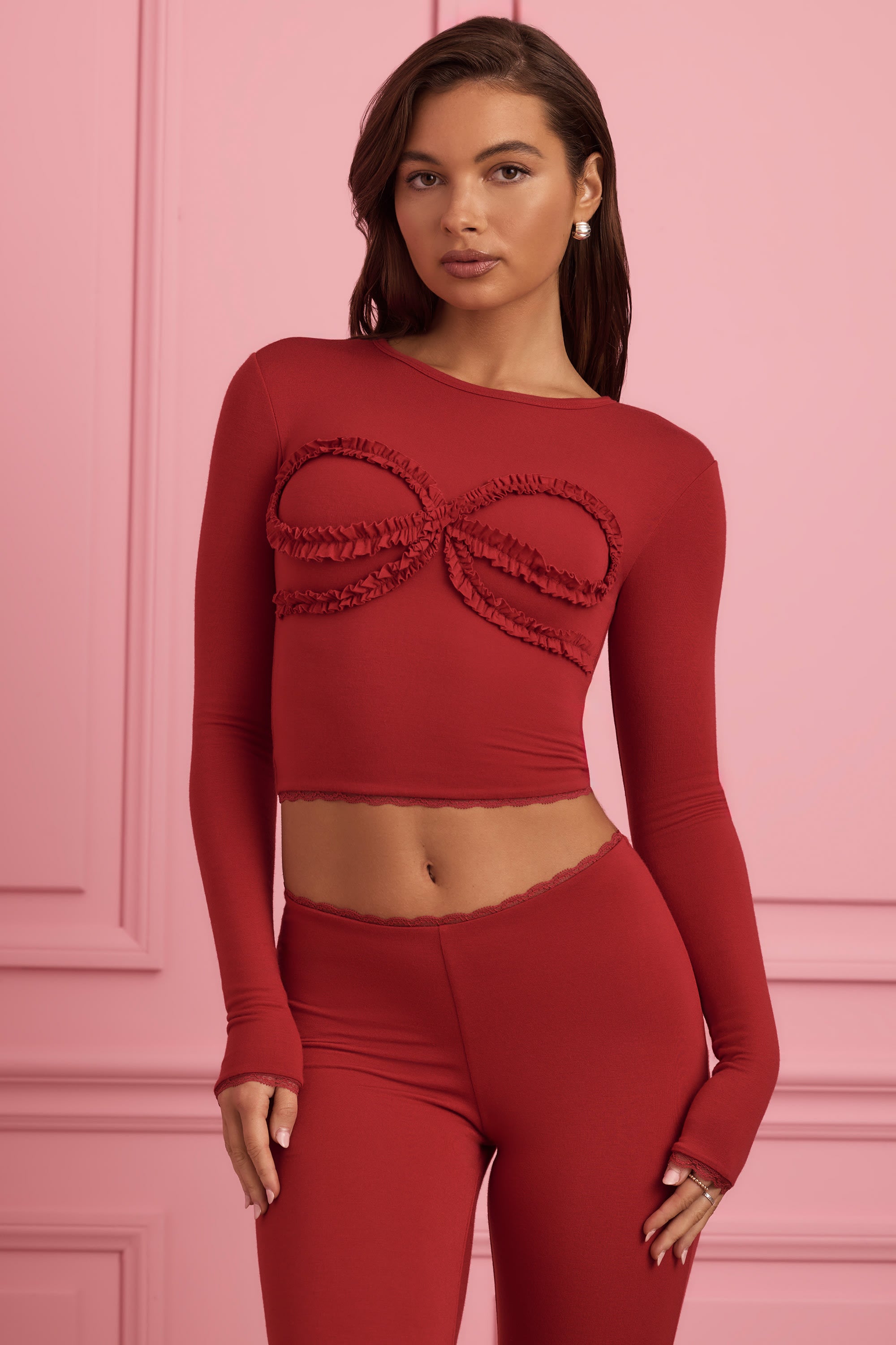 Bowie Lace-Trim Appliqu?? Pyjama Top in Ruby Red
