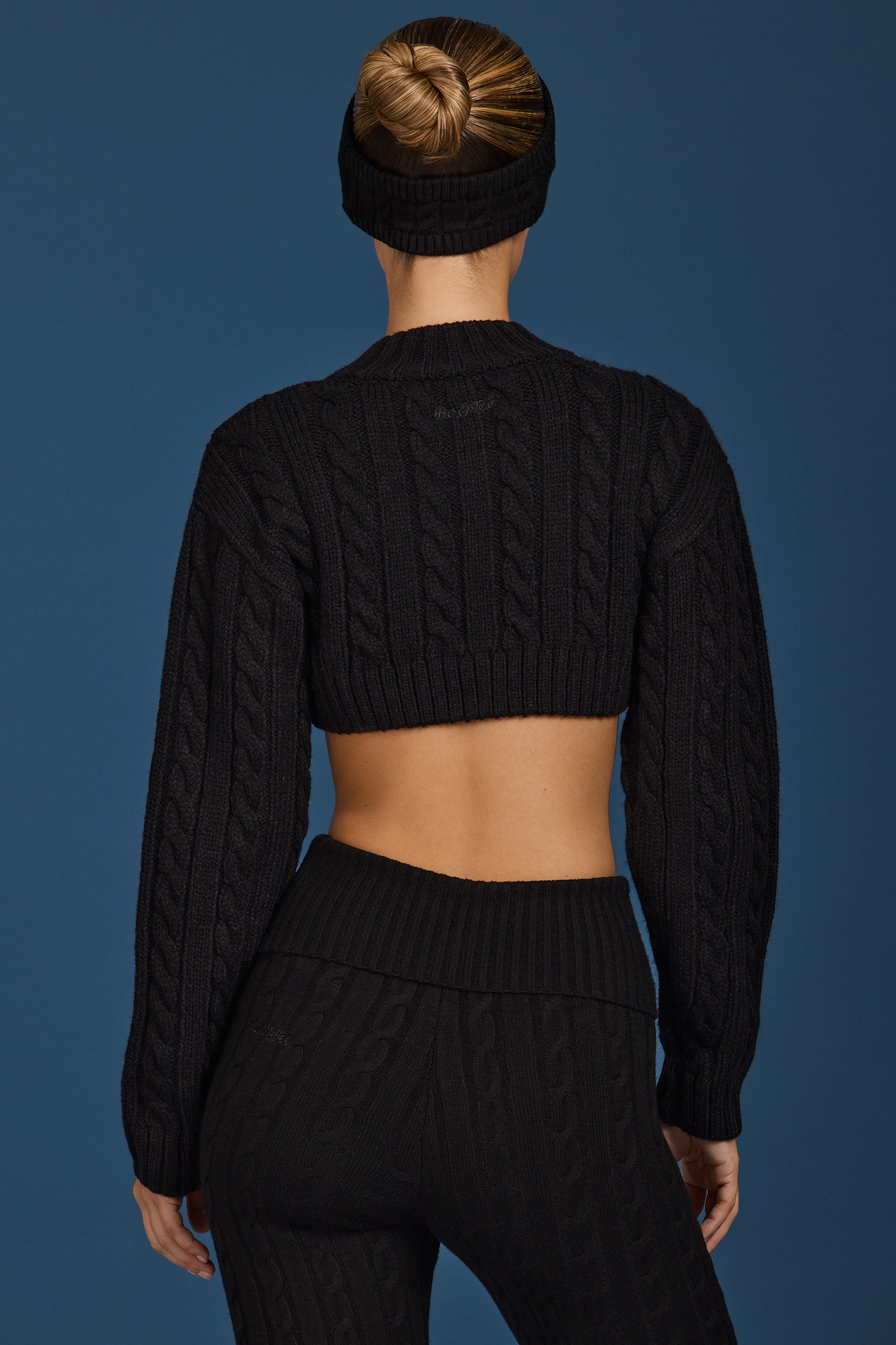 Cable-Knit Cropped Cardigan in Black - Image 2