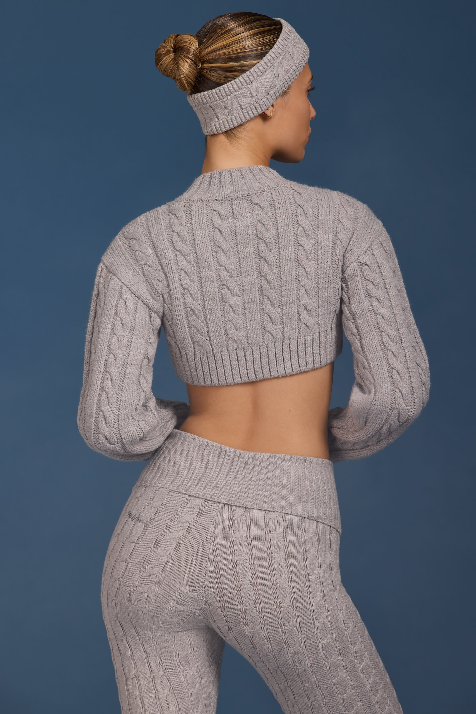 Cable-Knit Cropped Cardigan in Grey Marl - Image 2