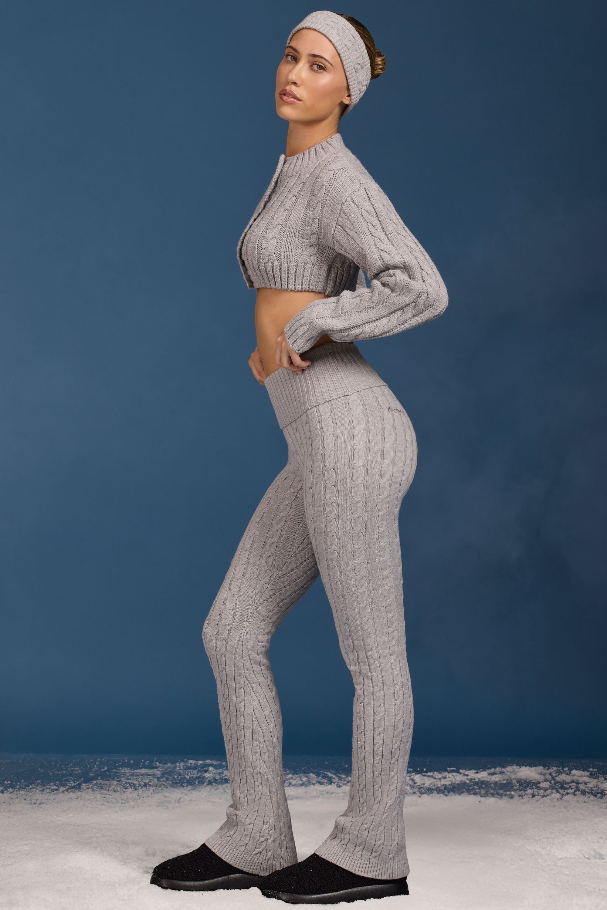 Cable-Knit Flared Trousers in Grey Marl - Image 3