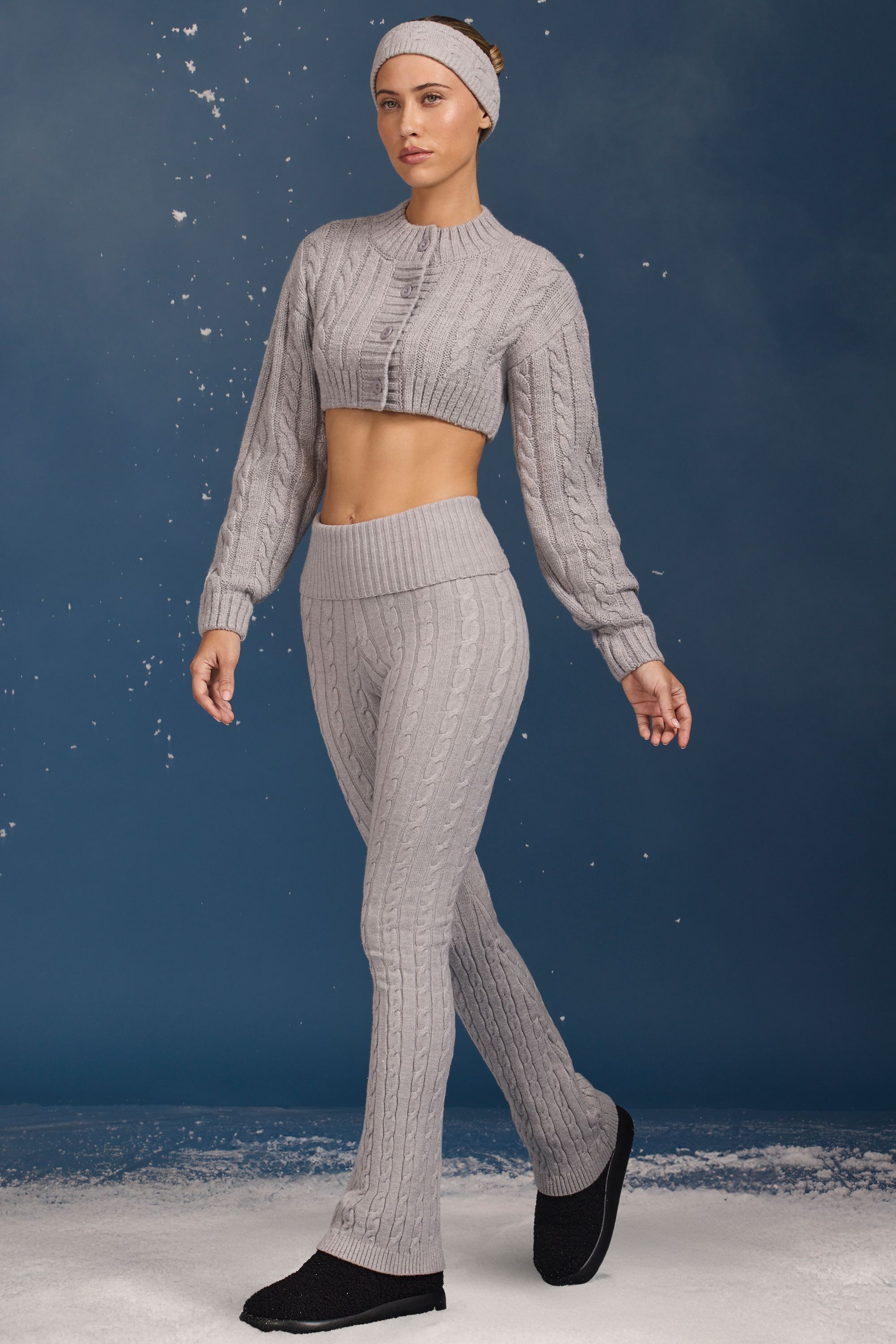 Cable-Knit Flared Trousers in Grey Marl - Image 8