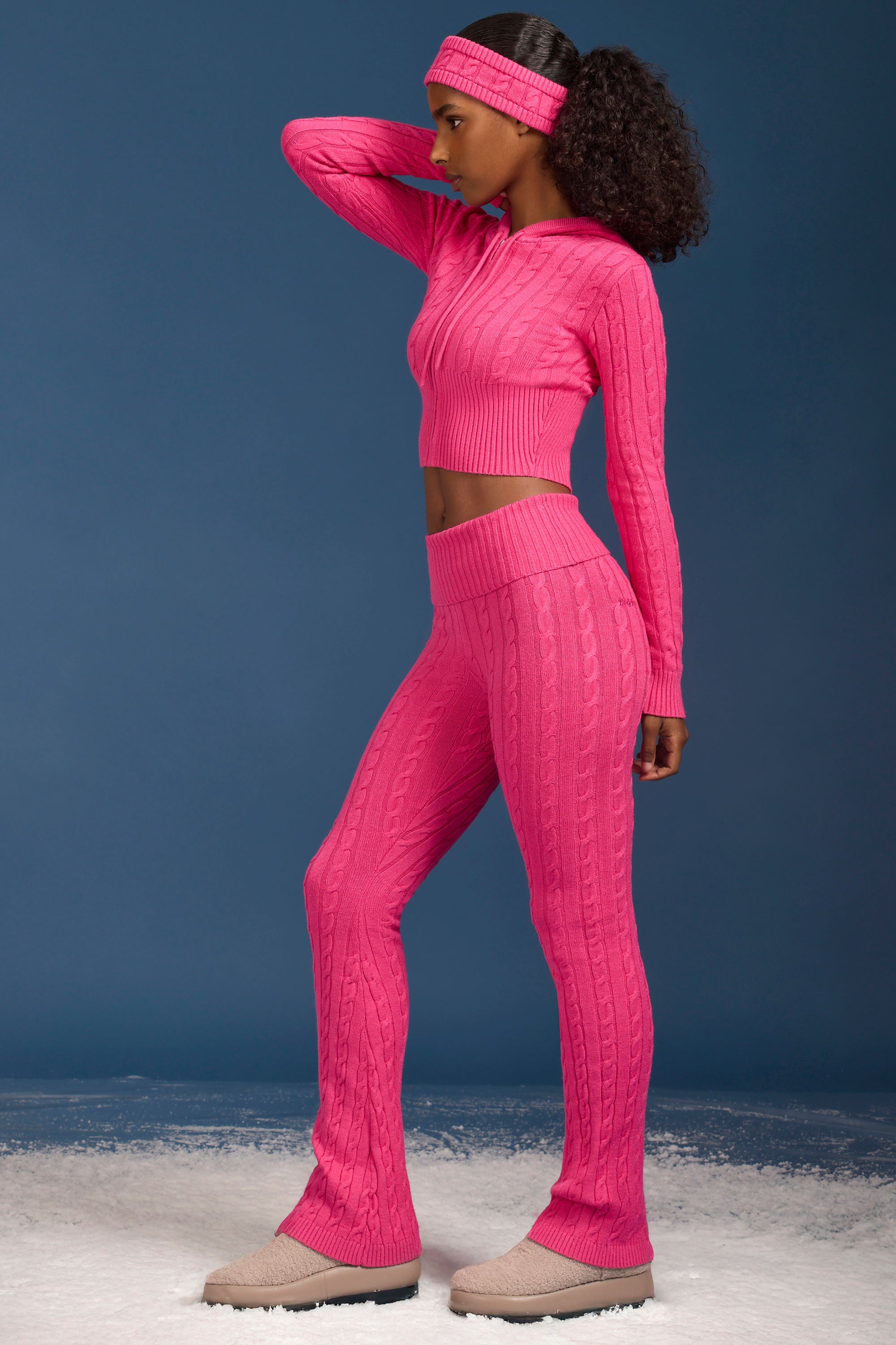 Cable-Knit Flared Trousers in Hot Pink - Image 3