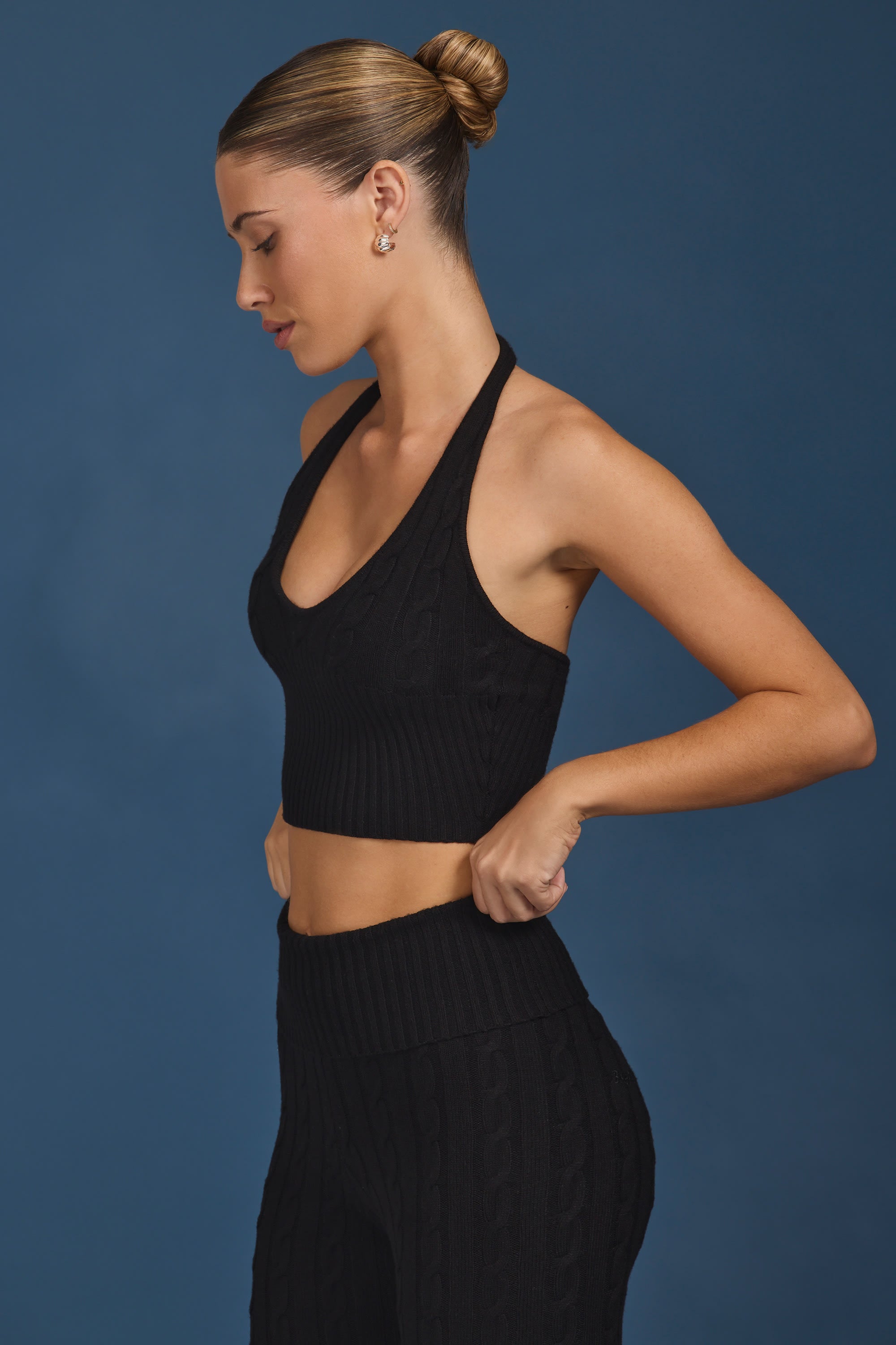 Cable-Knit Halterneck Crop Top in Black - Image 3