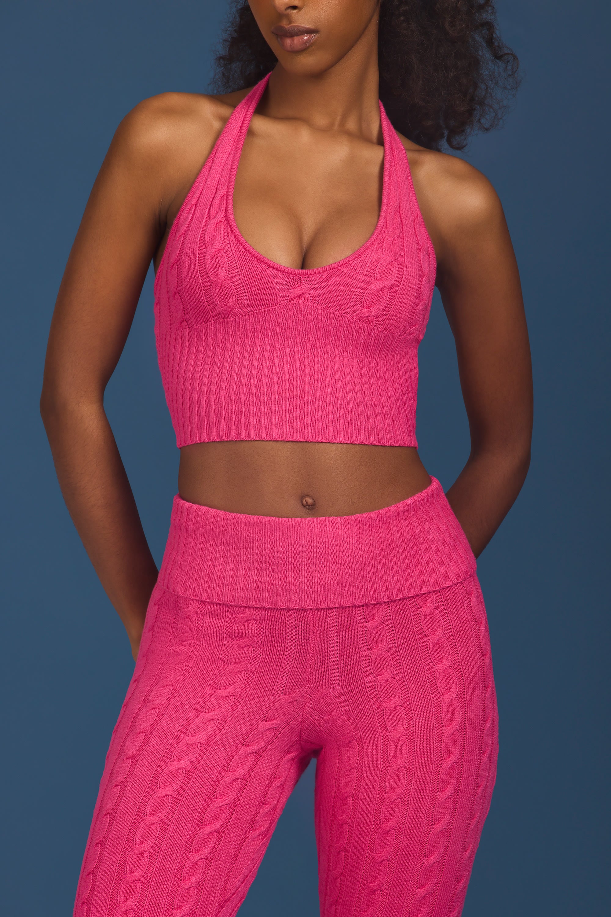 Cable-Knit Halterneck Crop Top in Hot Pink - Image 4
