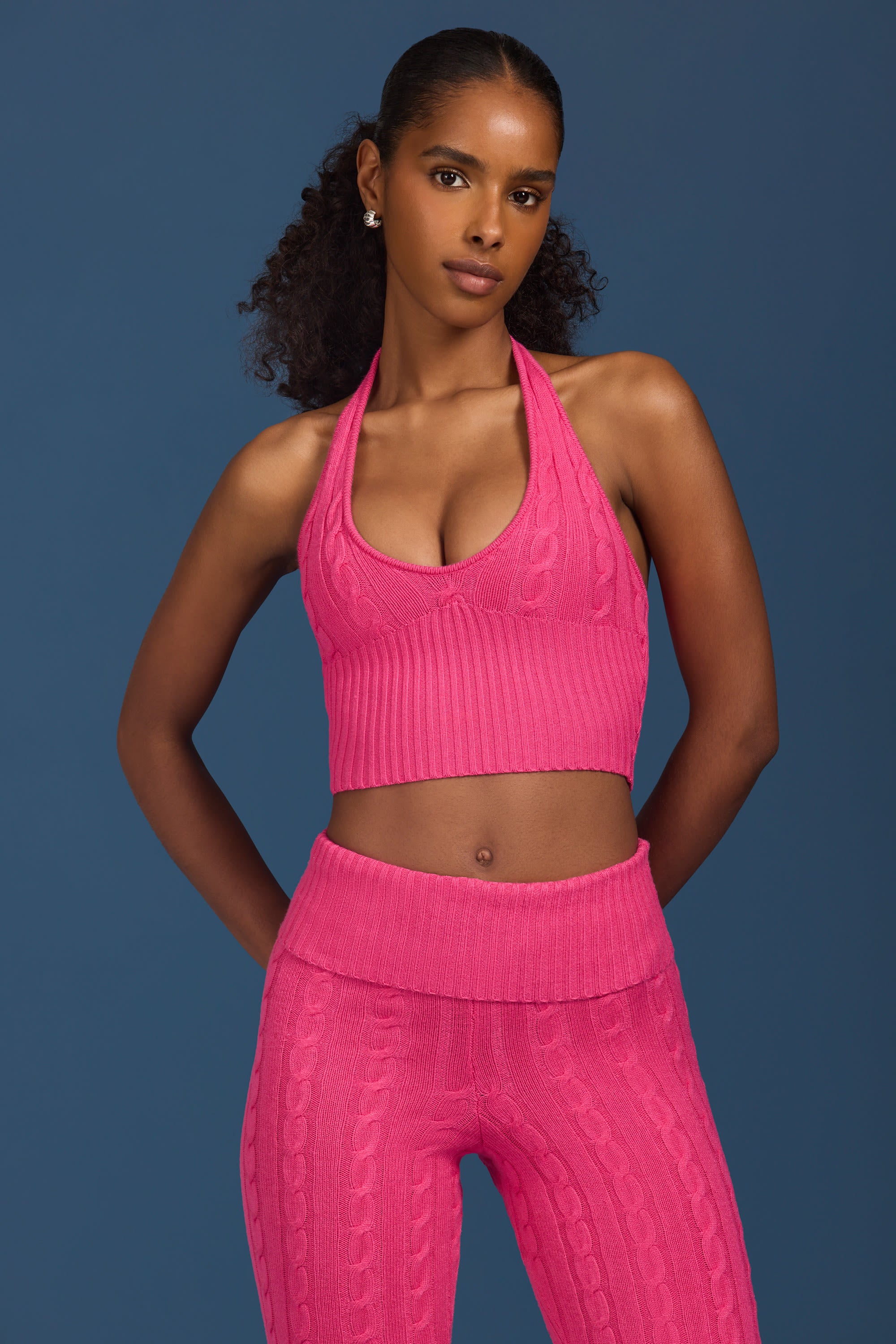 Cable-Knit Halterneck Crop Top in Hot Pink - Image 7