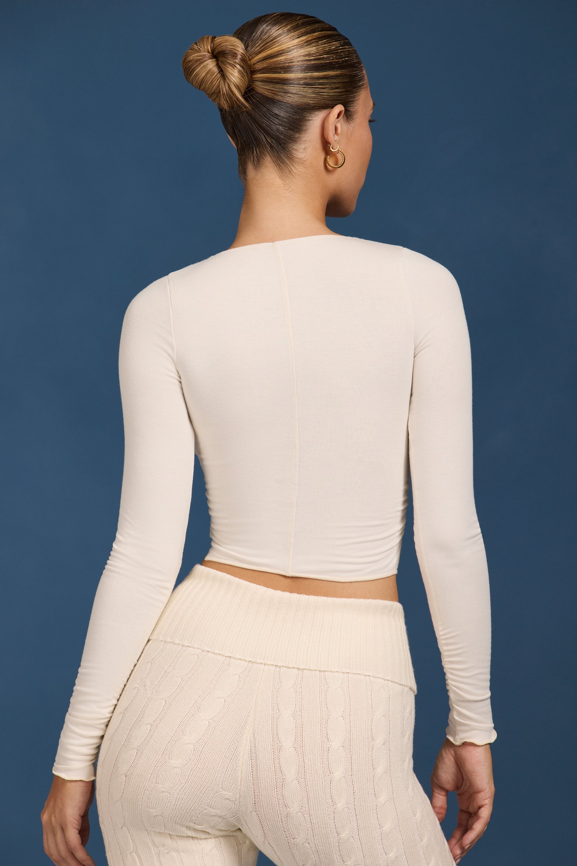 Ruched Long-Sleeve Crop Top in Cream - Image 2