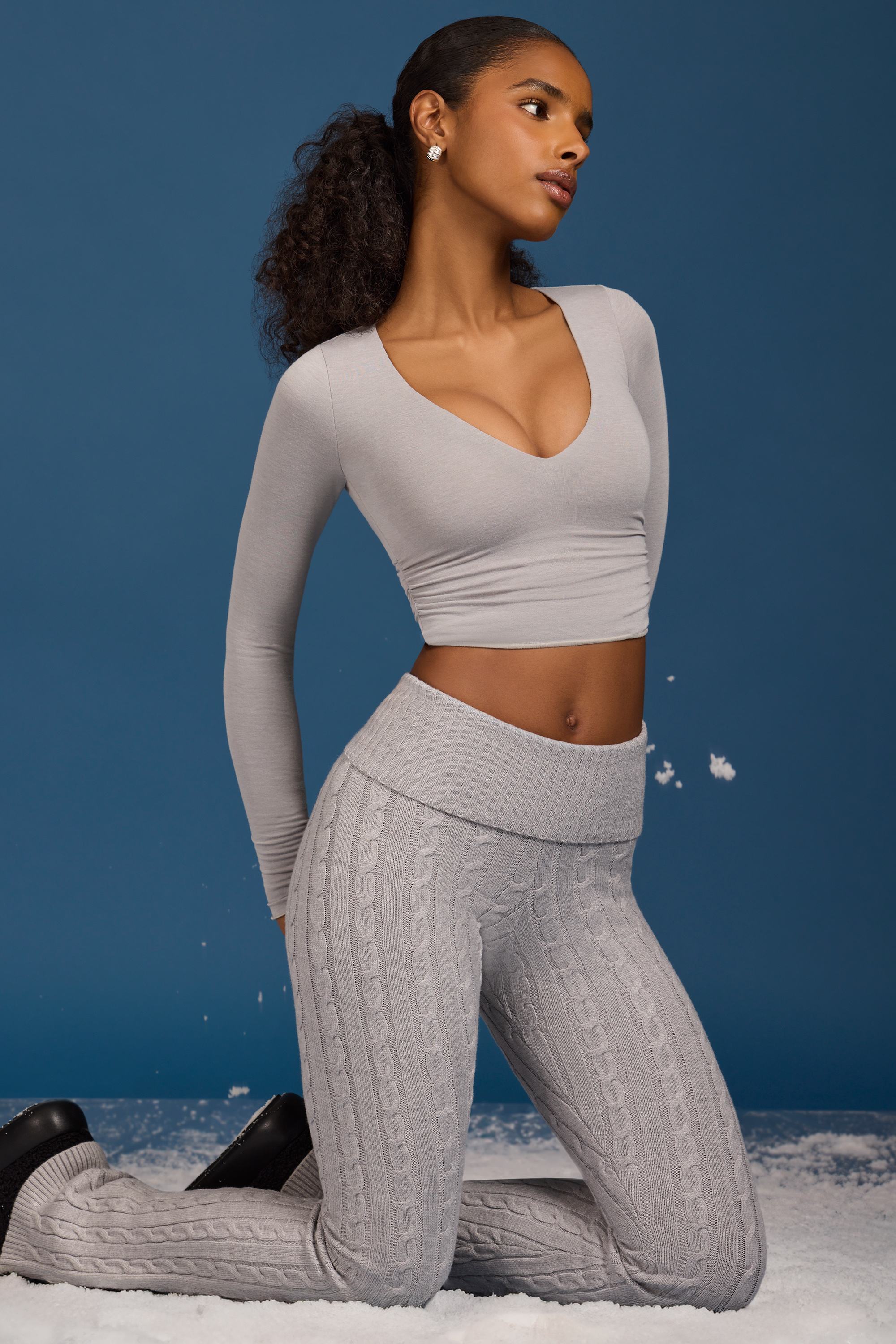 Ruched Long-Sleeve Crop Top in Grey - Image 5
