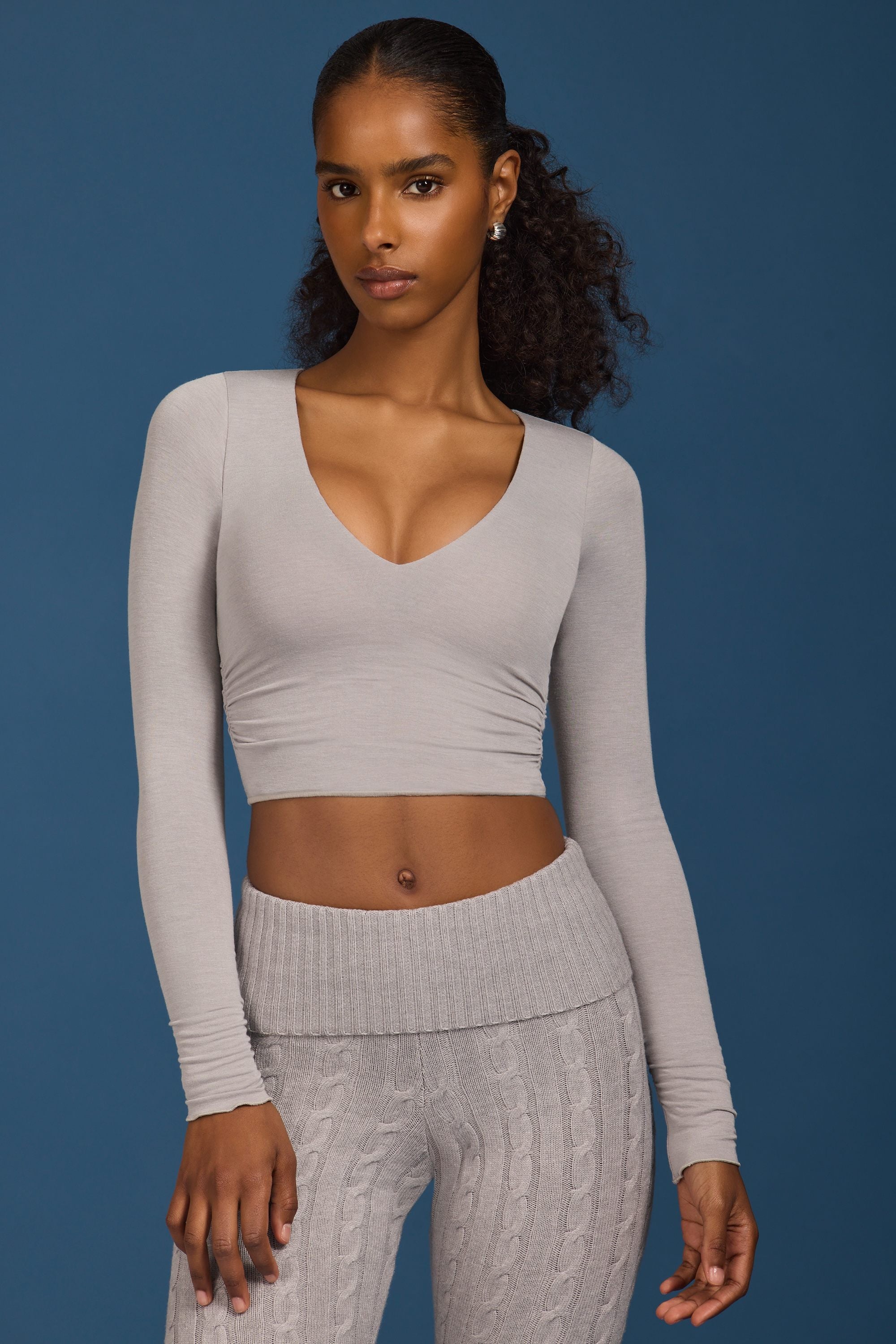 Ruched Long-Sleeve Crop Top in Grey - Image 6