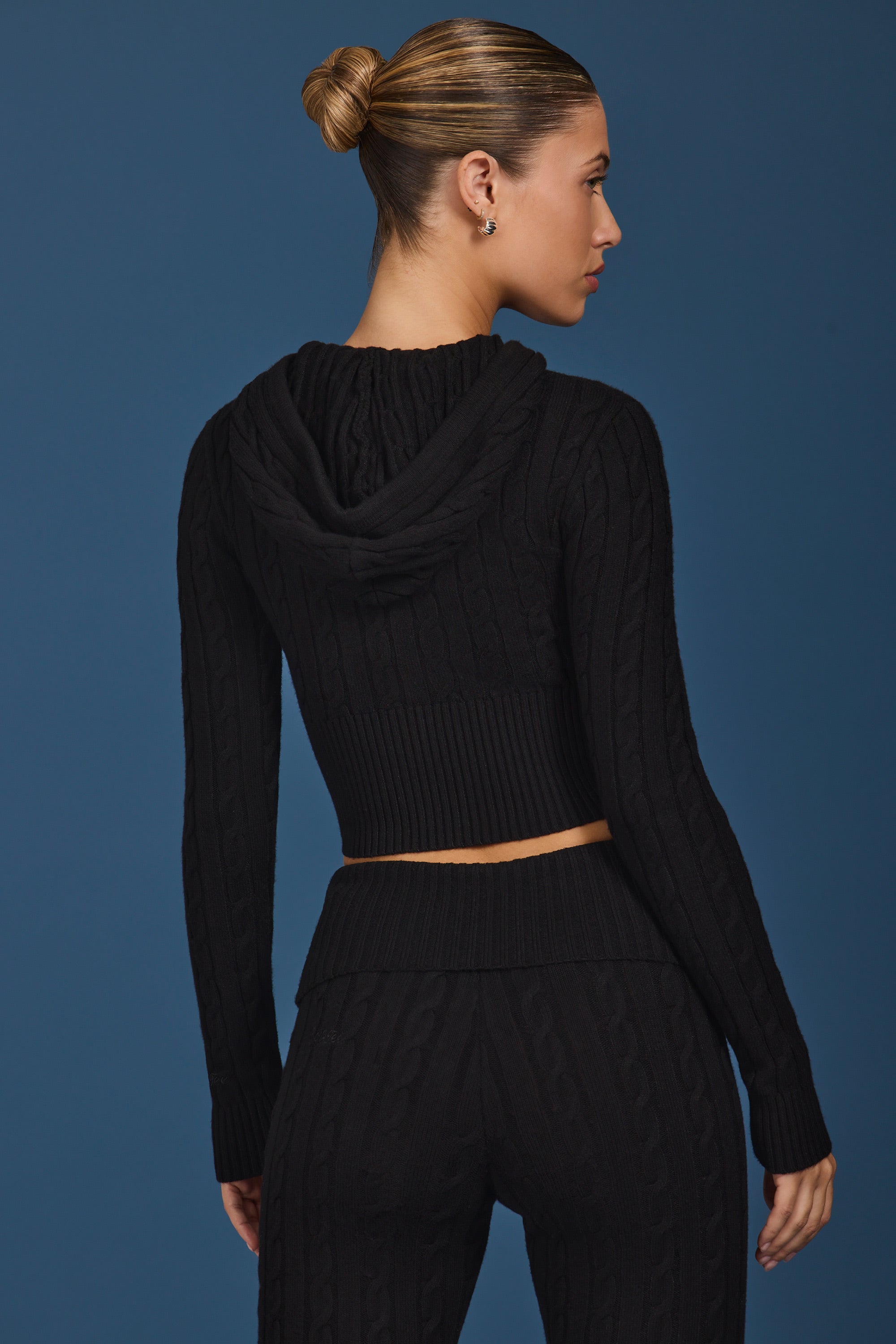 Cable-Knit Zip-Up Hoodie in Black - Image 2