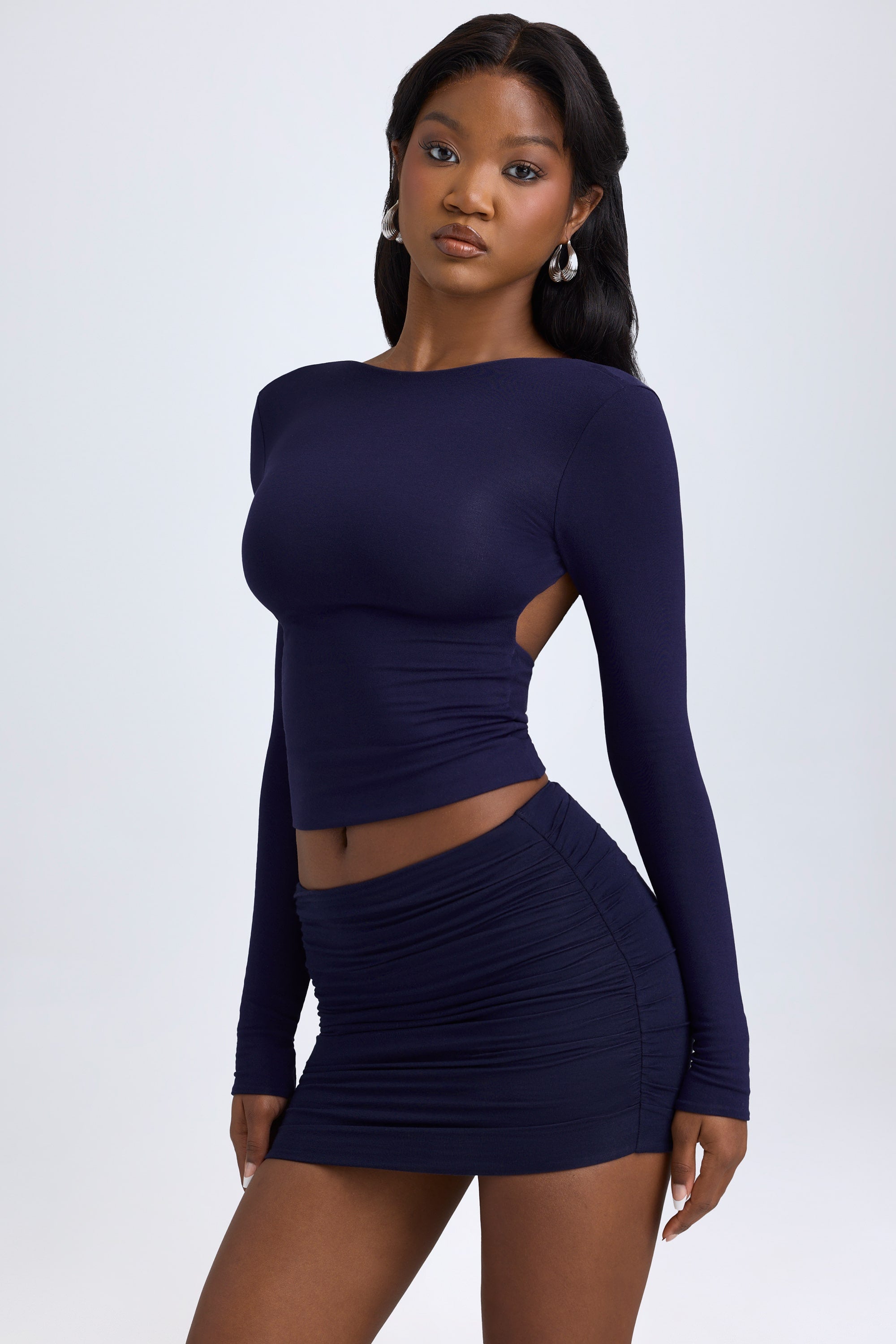 Cali Modal Ruched Mid-Rise Mini Skirt in True Navy - Image 7