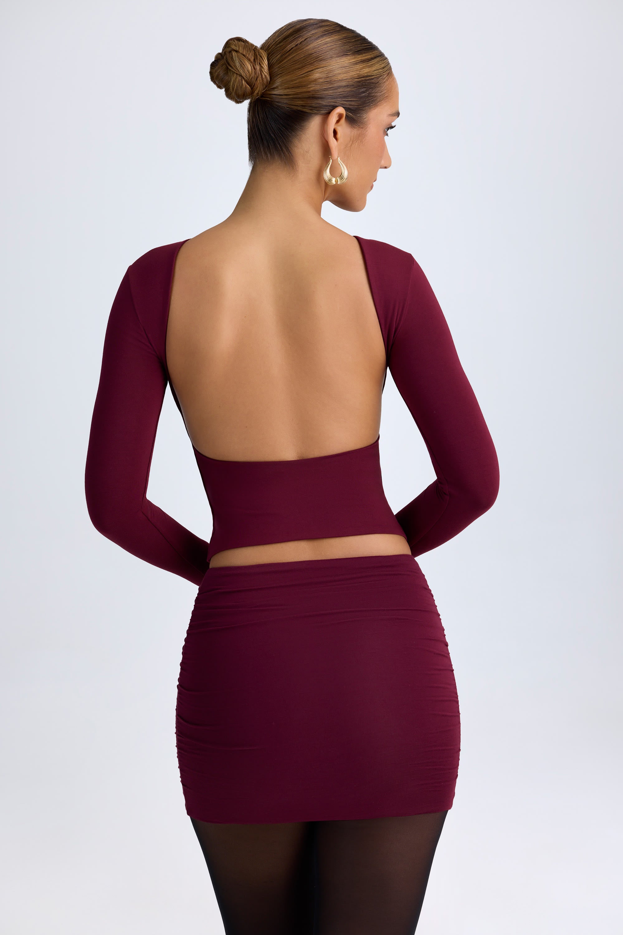 Cali Modal Ruched Mid-Rise Mini Skirt in Wine Red - Image 2